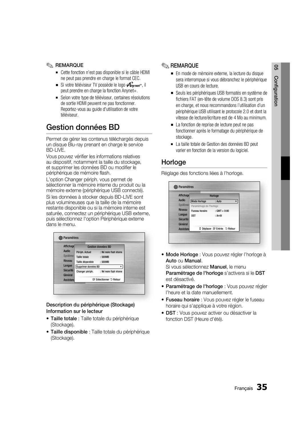 Samsung 01942G-BD-C6300-XAC-0823 user manual Horloge, Remarque, Gestion données BD 