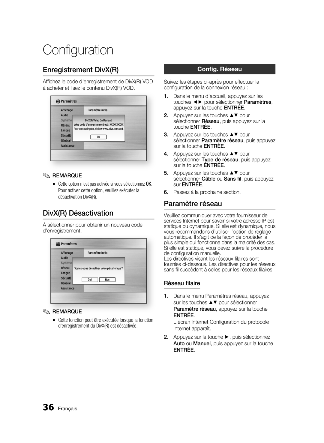 Samsung BD-C6300 user manual Enregistrement DivXR, DivXR Désactivation, Paramètre réseau, Config. Réseau, Réseau filaire 