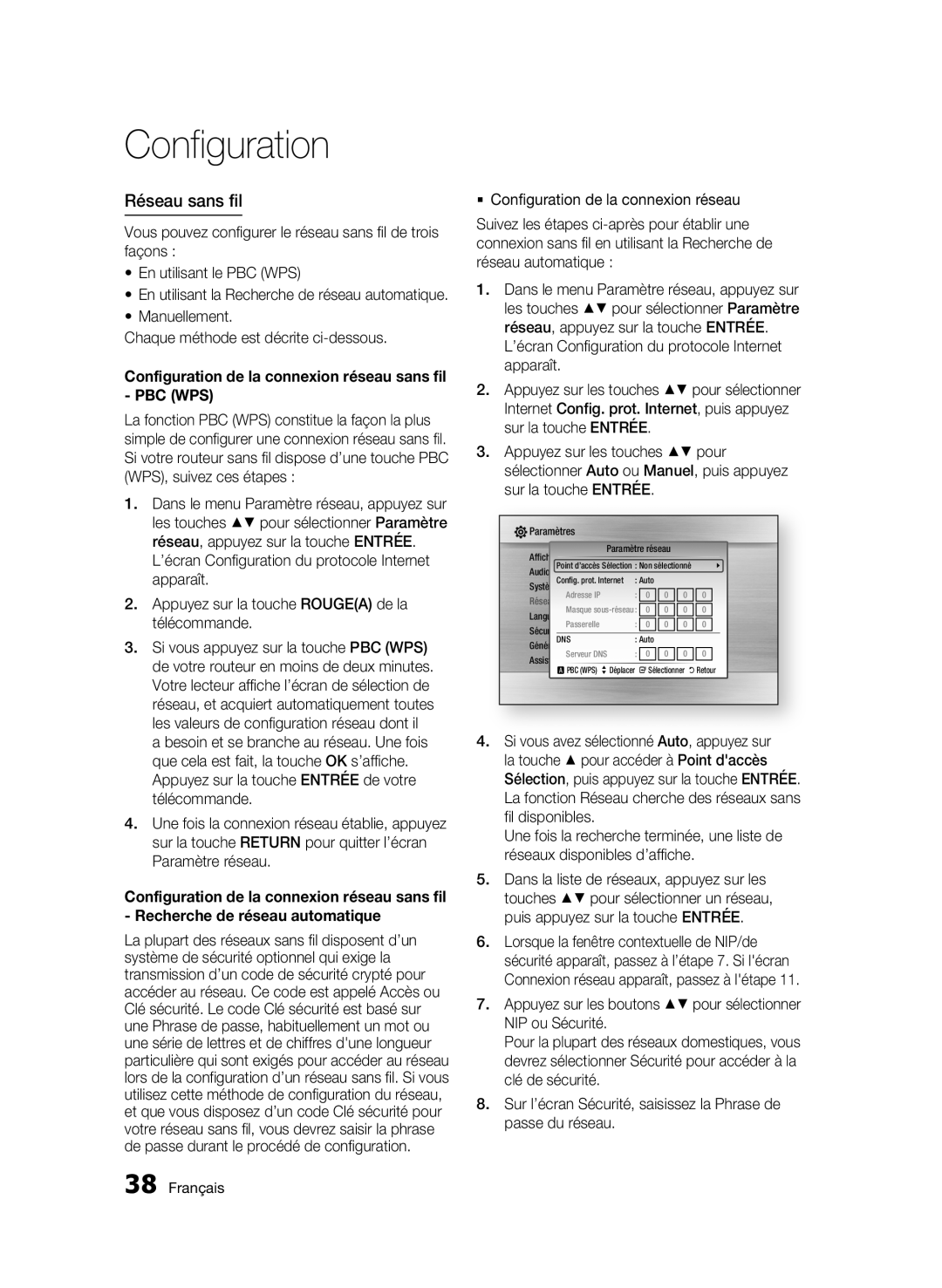 Samsung 01942G-BD-C6300-XAC-0823 user manual Réseau sans fil, Configuration de la connexion réseau sans fil - PBC WPS 