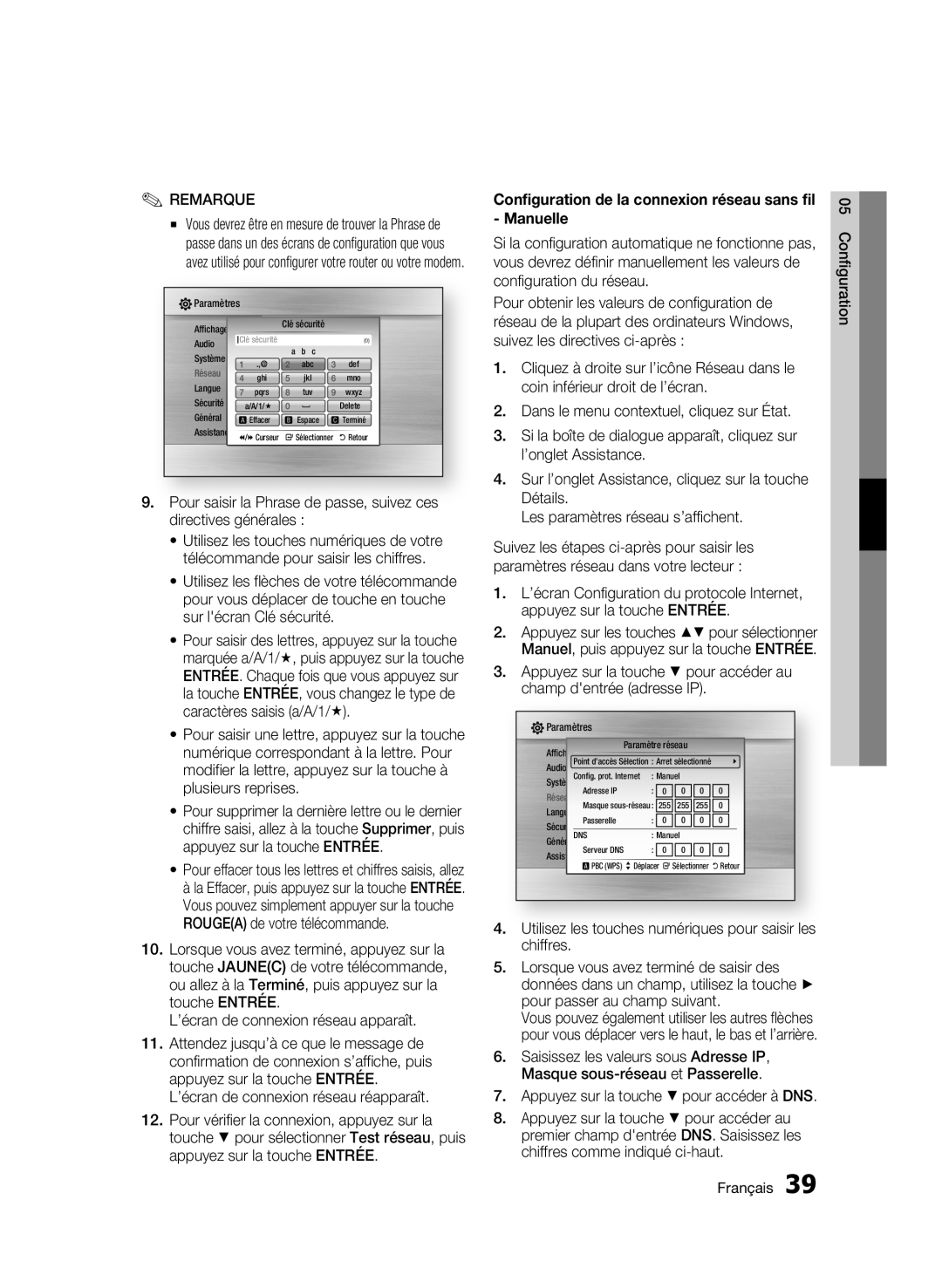 Samsung 01942G-BD-C6300-XAC-0823 user manual Configuration de la connexion réseau sans fil - Manuelle, Réseau 