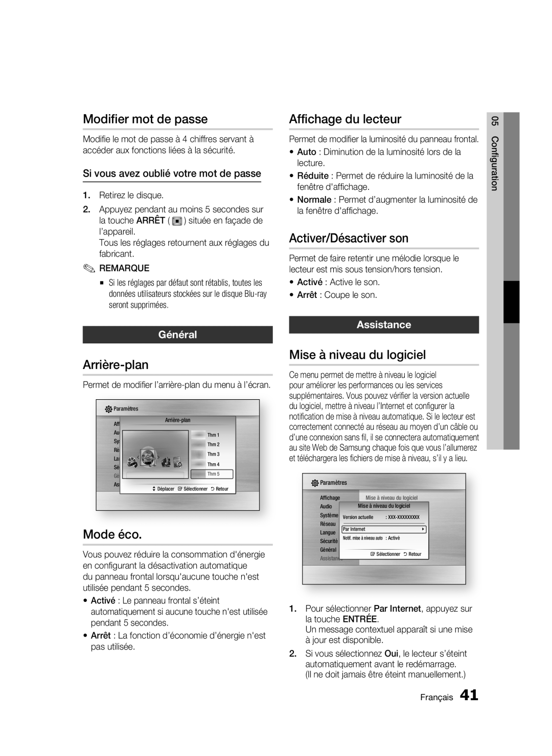 Samsung 01942G-BD-C6300-XAC-0823 Modifier mot de passe, Arrière-plan, Mode éco, Affichage du lecteur, Général, Assistance 