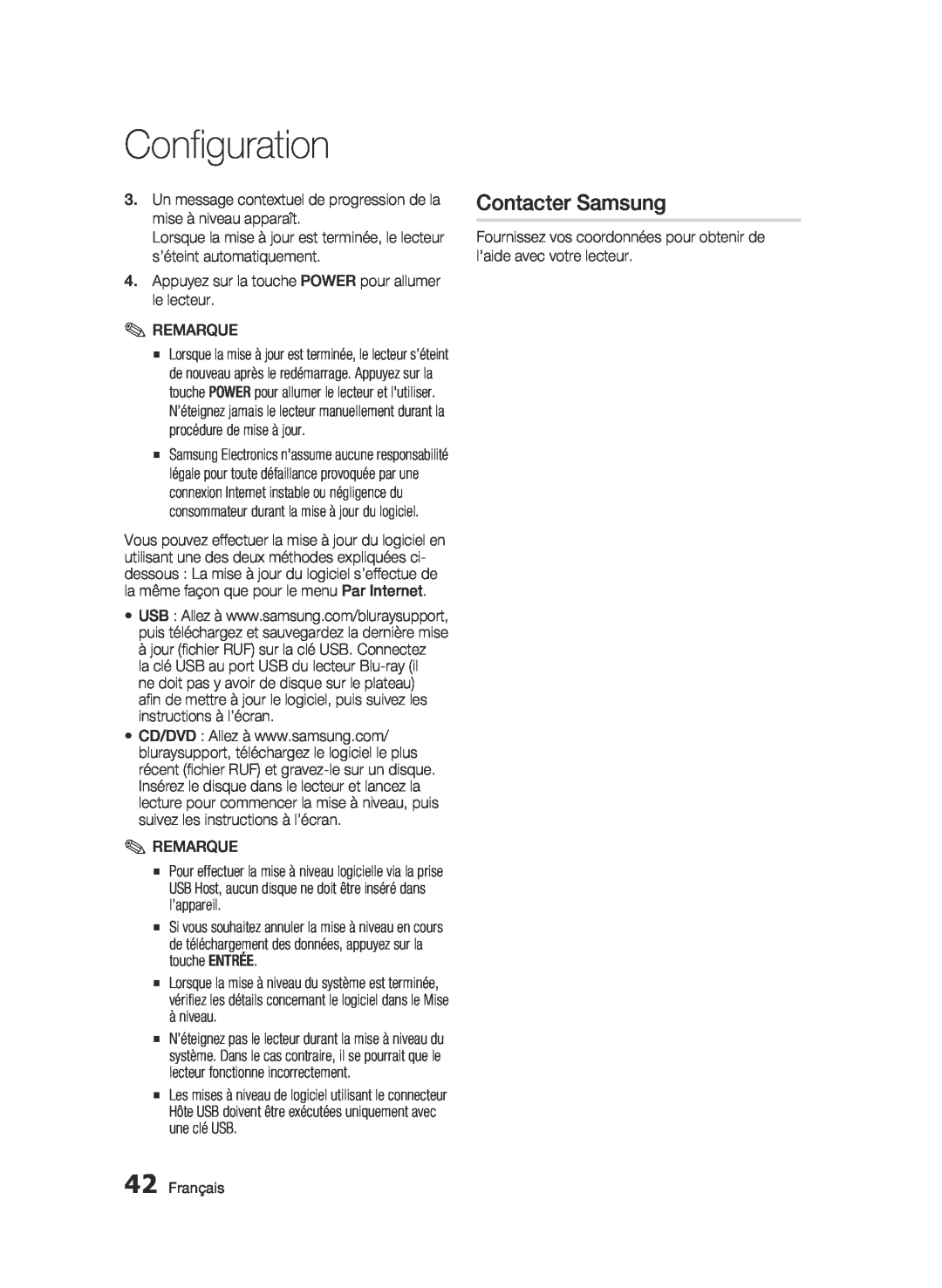 Samsung 01942G-BD-C6300-XAC-0823 user manual Contacter Samsung, Configuration, Français 