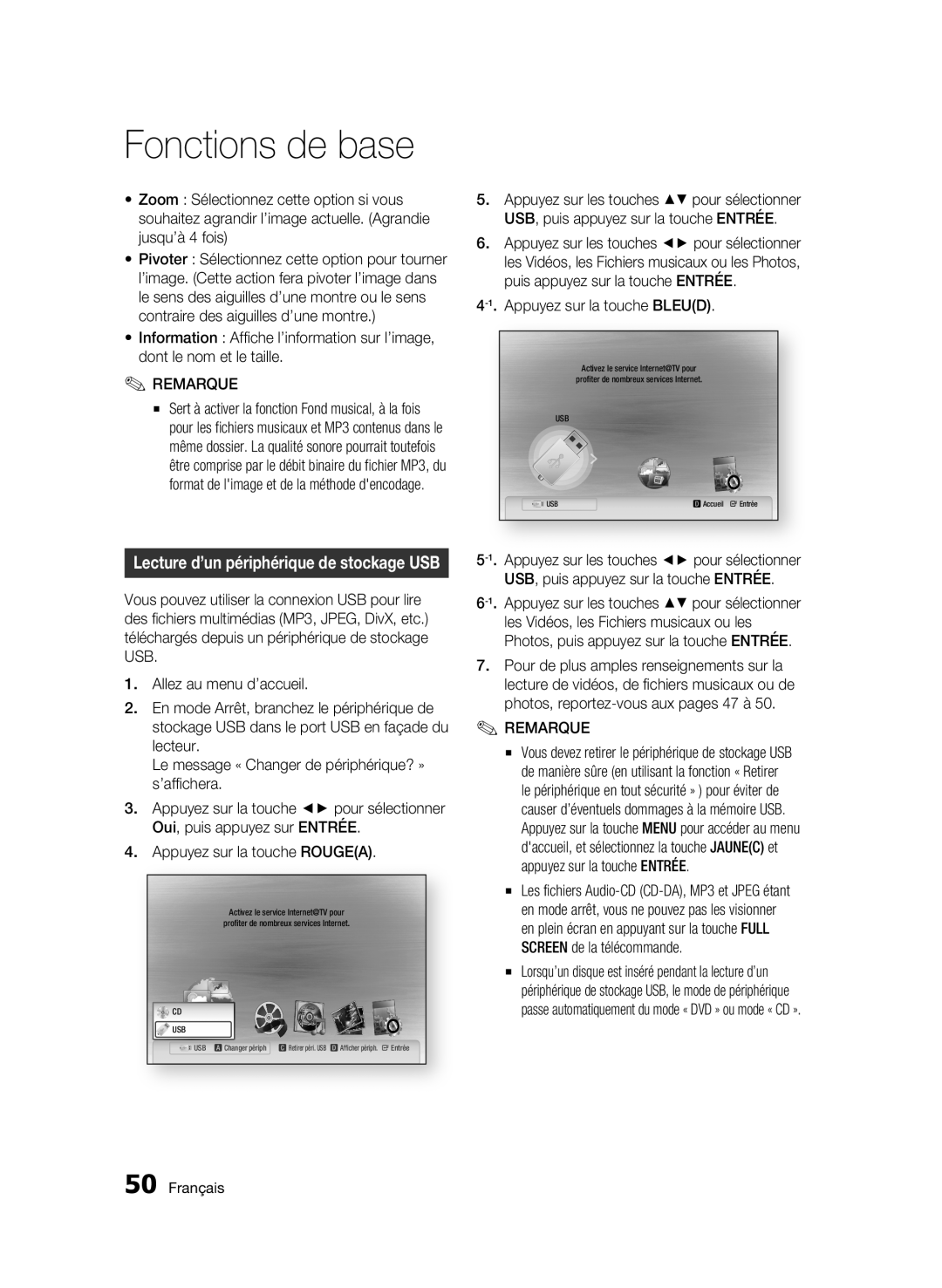 Samsung 01942G-BD-C6300-XAC-0823 user manual Fonctions de base, Lecture d’un périphérique de stockage USB, Français 
