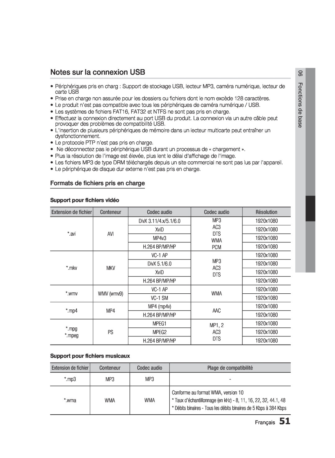 Samsung 01942G-BD-C6300-XAC-0823 user manual Notes sur la connexion USB, Formats de fichiers pris en charge 