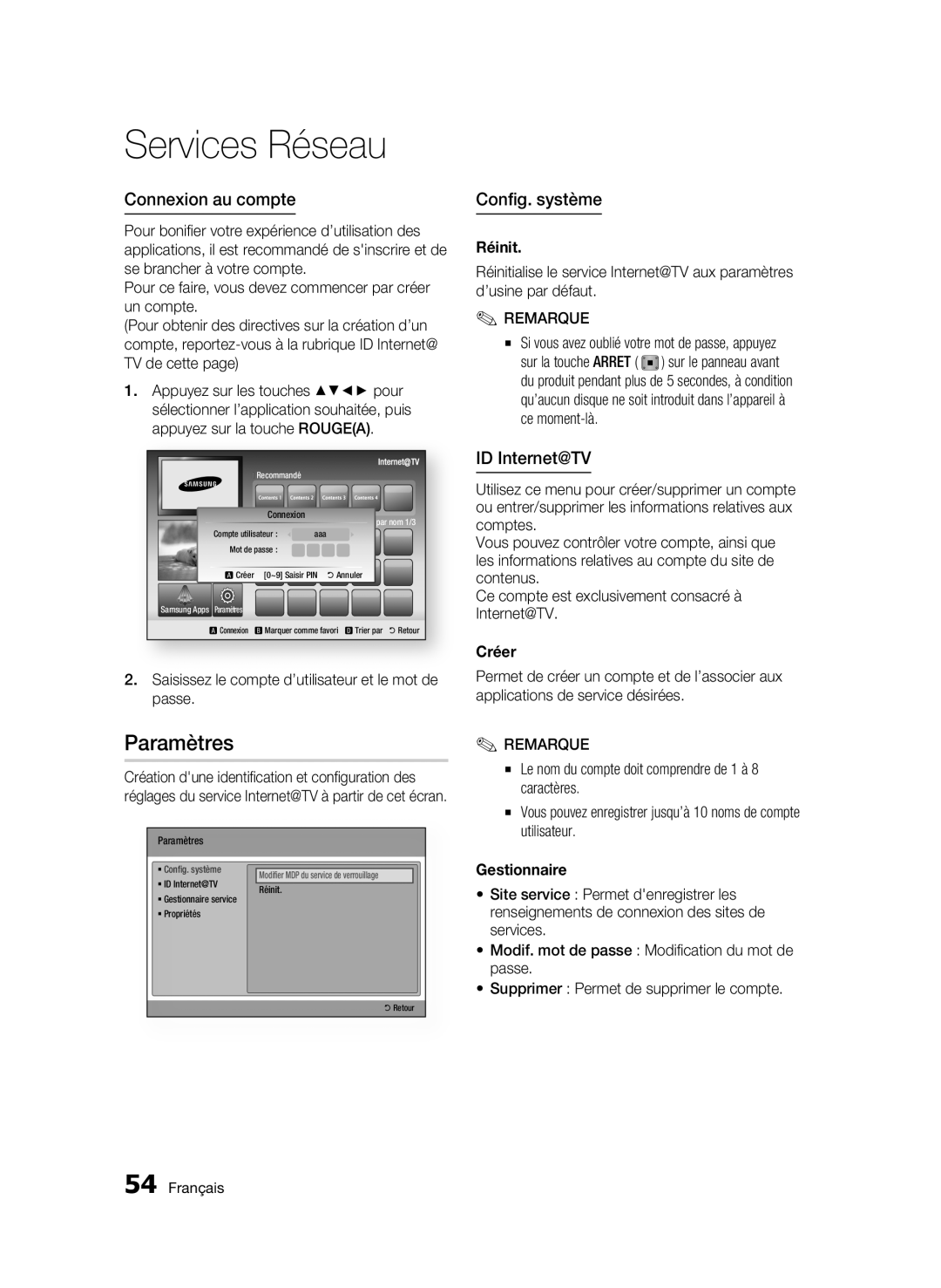 Samsung BD-C6300 user manual Paramètres, Connexion au compte, Config. système, ID Internet@TV, Réinit, Créer, Gestionnaire 