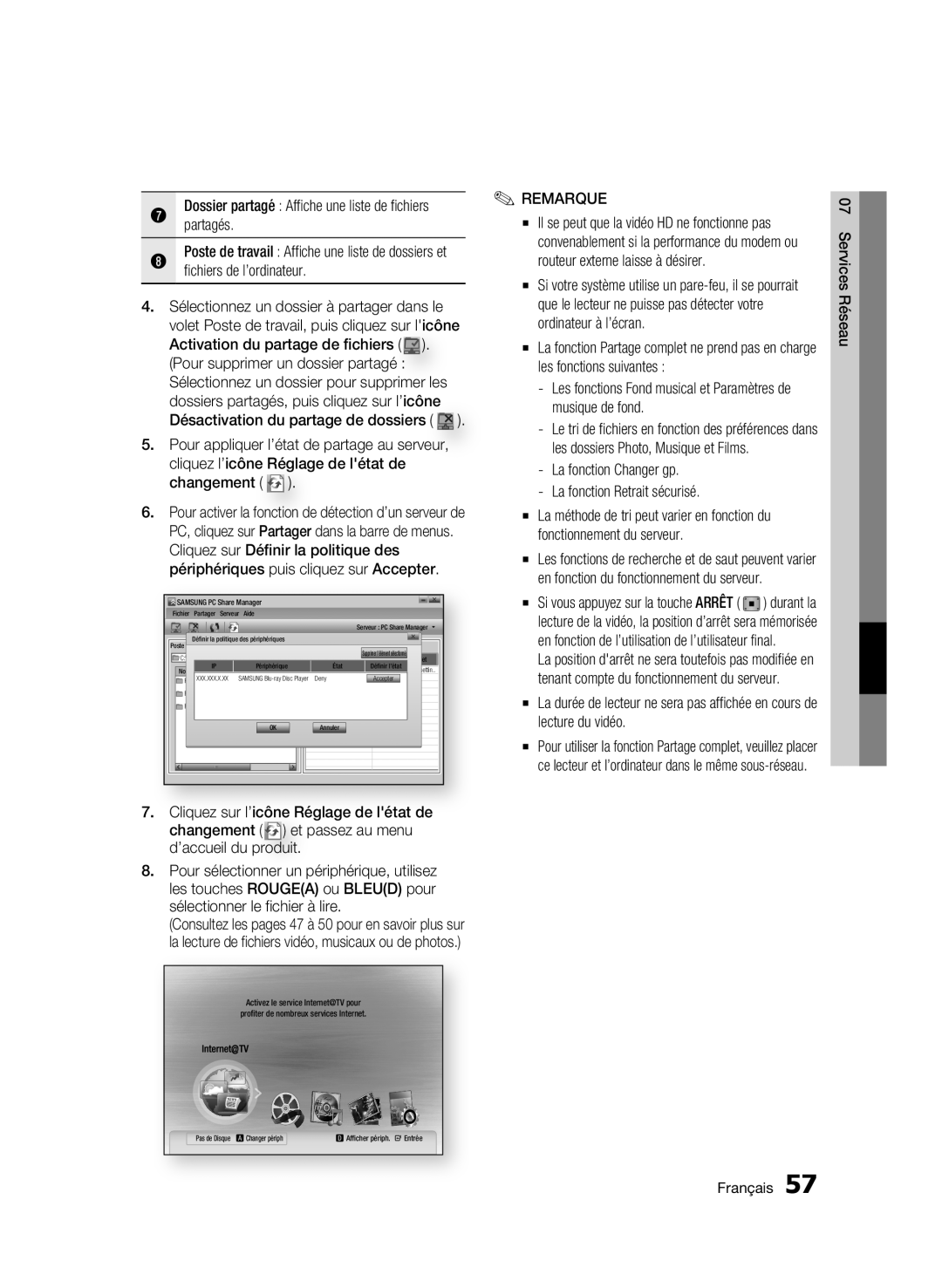 Samsung 01942G-BD-C6300-XAC-0823 user manual Dossier partagé Affiche une liste de fichiers, Services Réseau, Français 