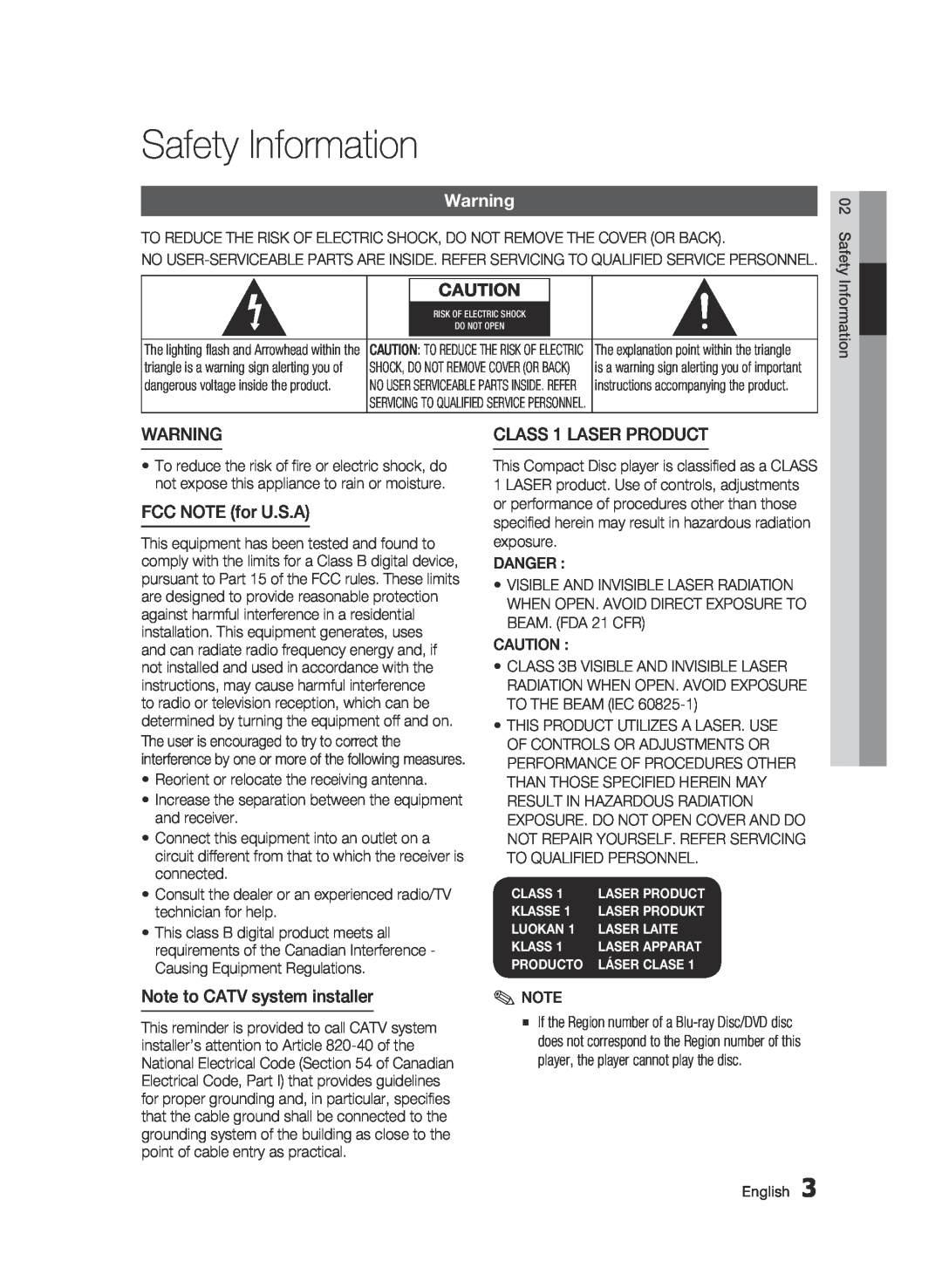 Samsung 01942G-BD-C6300-XAC-0823 user manual Safety Information, FCC NOTE for U.S.A, Note to CATV system installer 