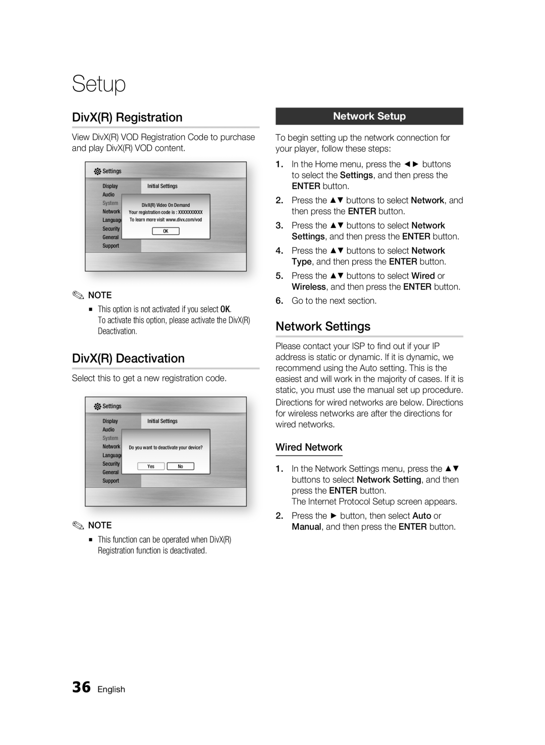 Samsung BD-C6300 user manual DivXR Registration, DivXR Deactivation, Network Settings, Network Setup, Wired Network 