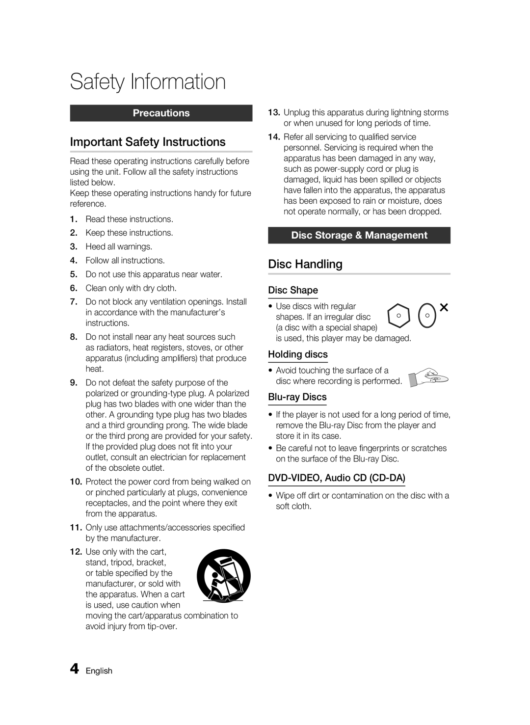 Samsung BD-C6300 Important Safety Instructions, Disc Handling, Precautions, Disc Storage & Management, Disc Shape 