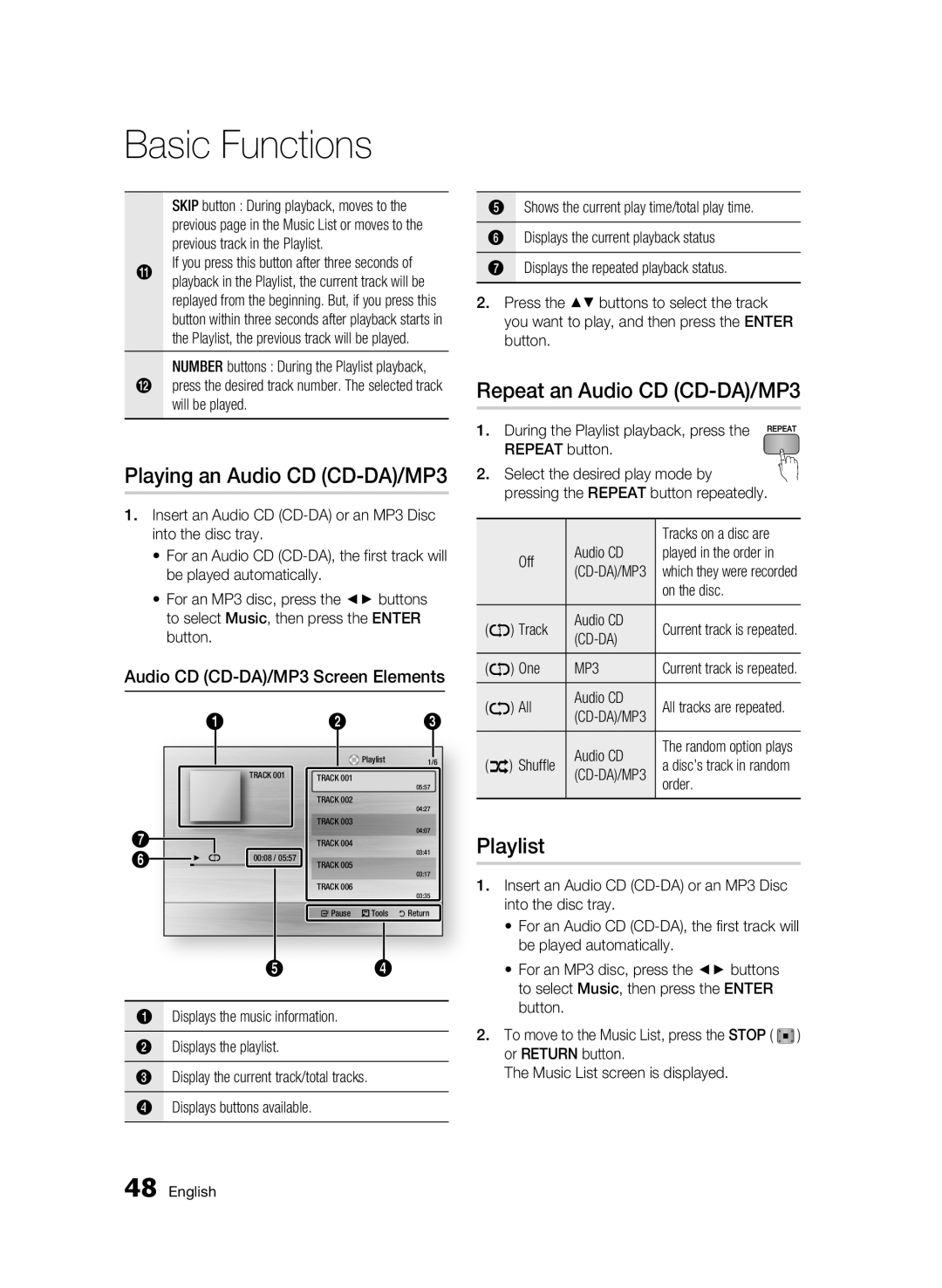 Samsung BD-C6300 Playing an Audio CD CD-DA/MP3, Repeat an Audio CD CD-DA/MP3, Playlist, Audio CD CD-DA/MP3 Screen Elements 
