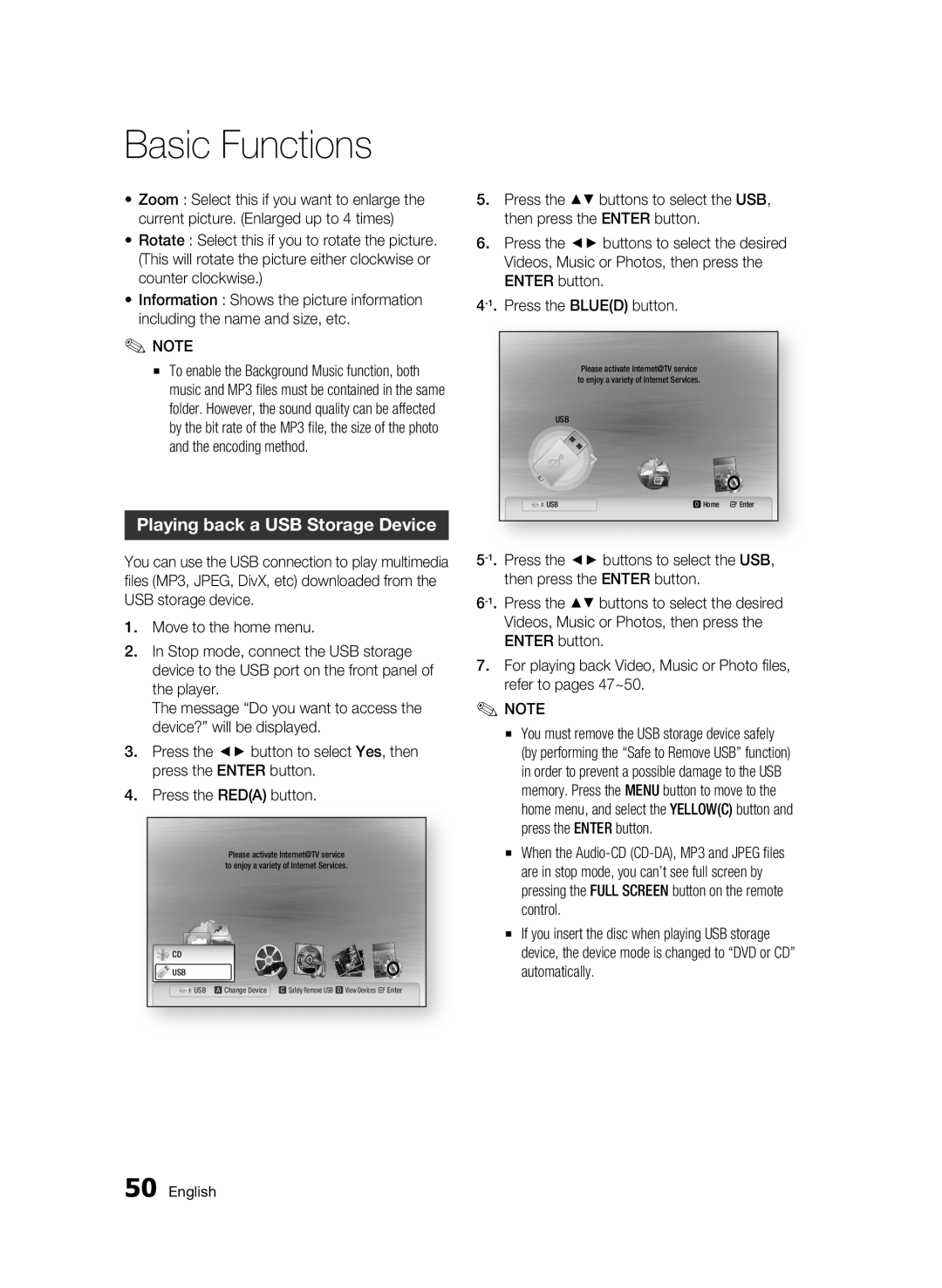 Samsung 01942G-BD-C6300-XAC-0823 user manual Playing back a USB Storage Device, Basic Functions 