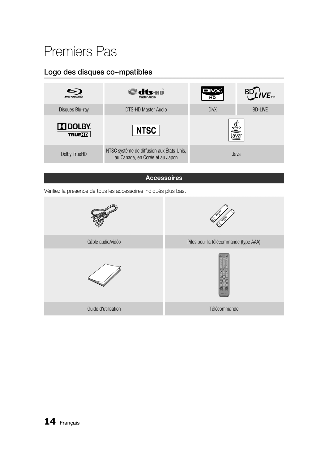 Samsung 01942G-BD-C6300-XAC-0823 user manual Logo des disques co~mpatibles, Accessoires, Premiers Pas 