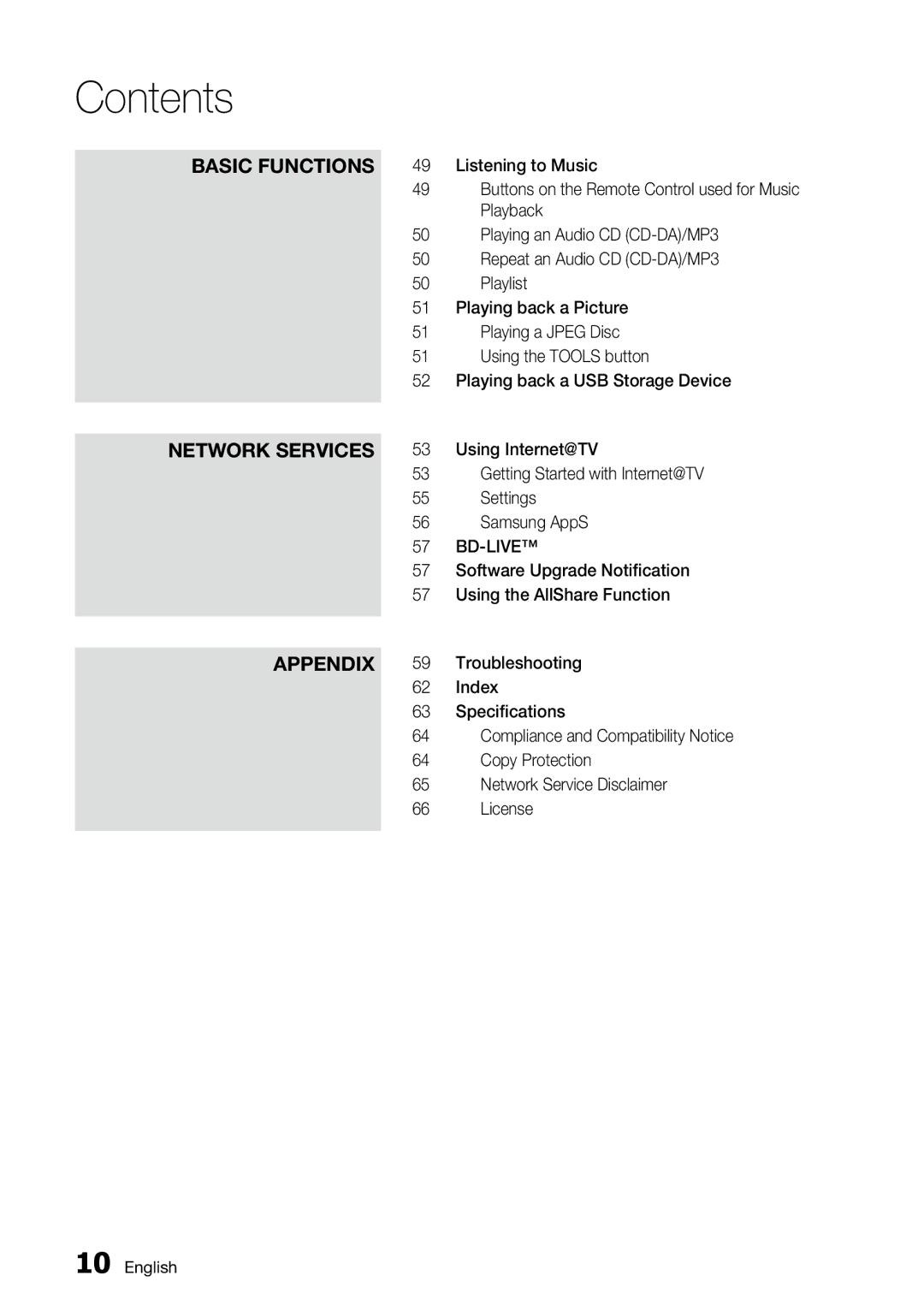 Samsung BD-C6500 Using Internet@TV, Settings, Samsung AppS, Software Upgrade Notification, Using the AllShare Function 