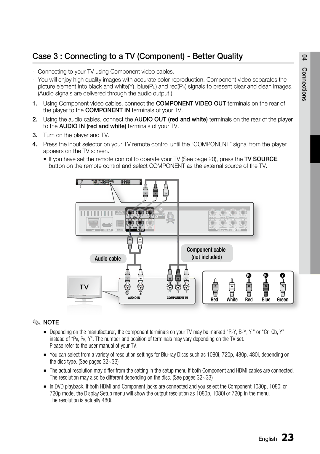 Samsung AK68-01859A, BD-C6500 user manual Case 3 Connecting to a TV Component Better Quality, Resolution is actually 