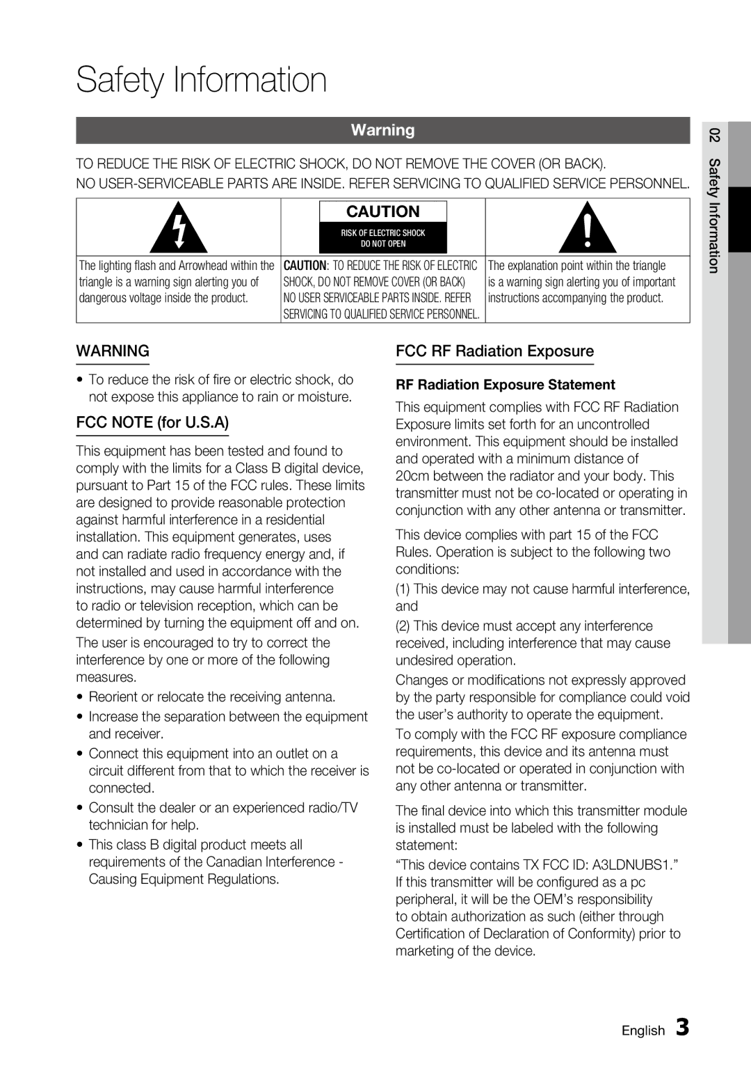 Samsung AK68-01859A, BD-C6500 user manual Safety Information, FCC Note for U.S.A, FCC RF Radiation Exposure 