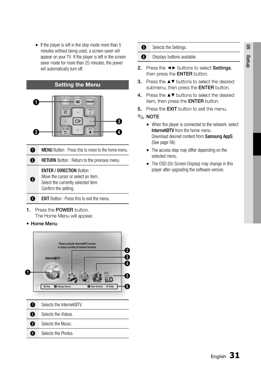 Samsung AK68-01859A Setting the Menu, Exit Button Press this to exit the menu, Press the Exit button to exit the menu 