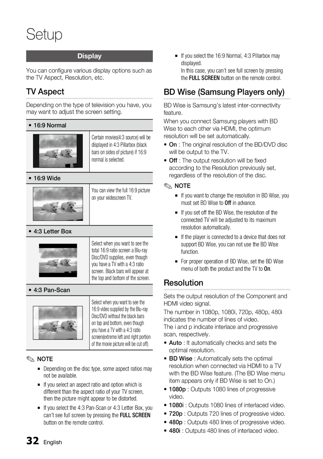 Samsung BD-C6500, AK68-01859A user manual TV Aspect, BD Wise Samsung Players only, Resolution, Display 