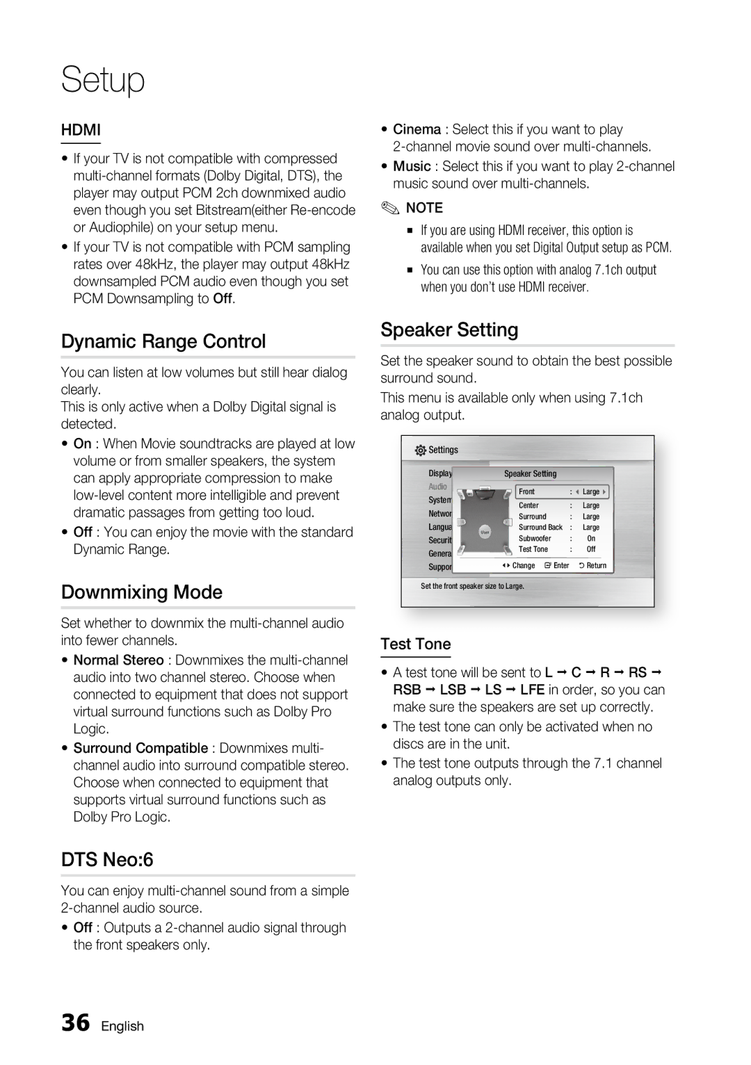 Samsung BD-C6500, AK68-01859A user manual Dynamic Range Control, Downmixing Mode, Speaker Setting, DTS Neo6, Test Tone 