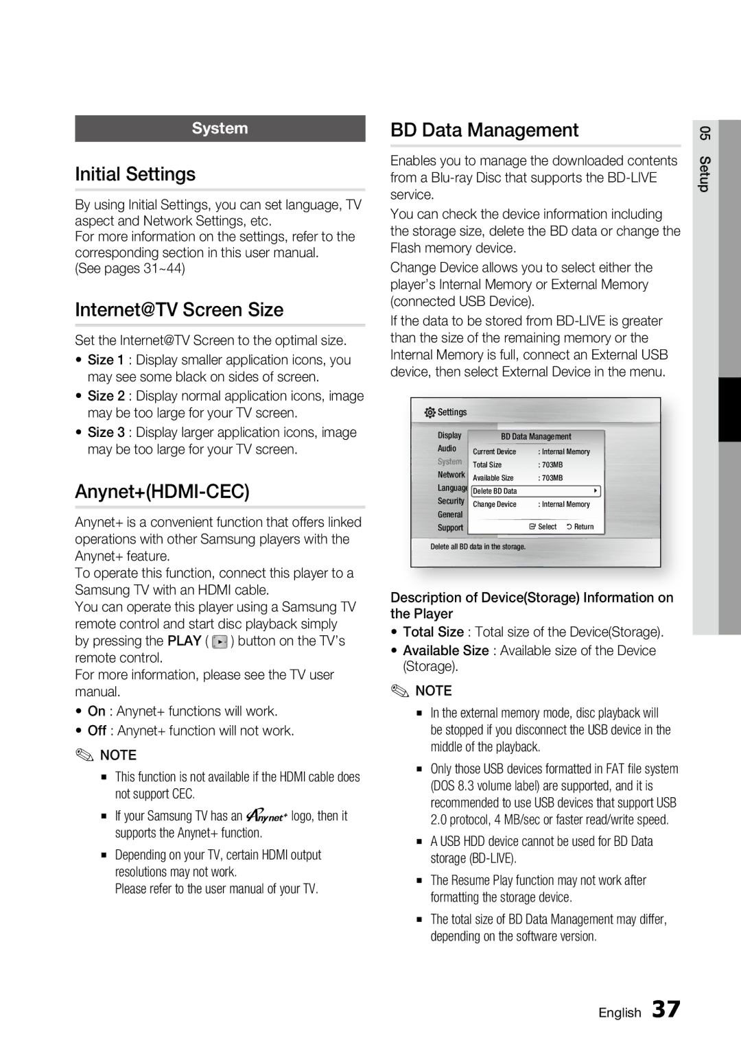 Samsung AK68-01859A, BD-C6500 Initial Settings, Internet@TV Screen Size, Anynet+HDMI-CEC, BD Data Management, System 