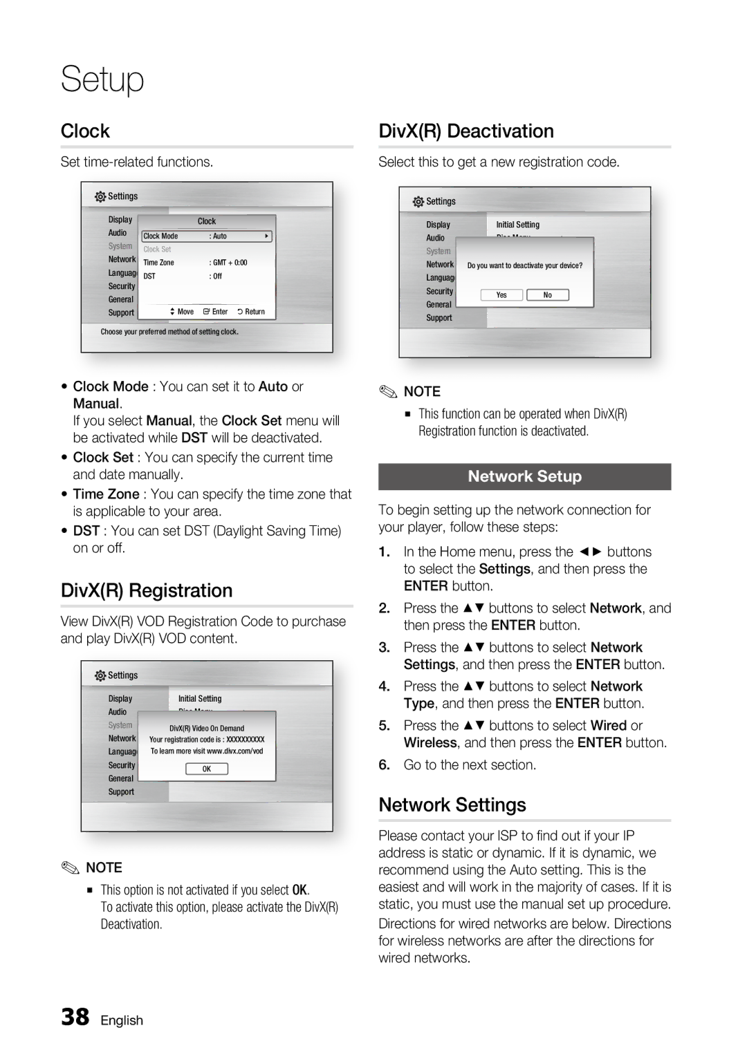 Samsung BD-C6500, AK68-01859A user manual Clock, DivXR Registration, DivXR Deactivation, Network Settings, Network Setup 