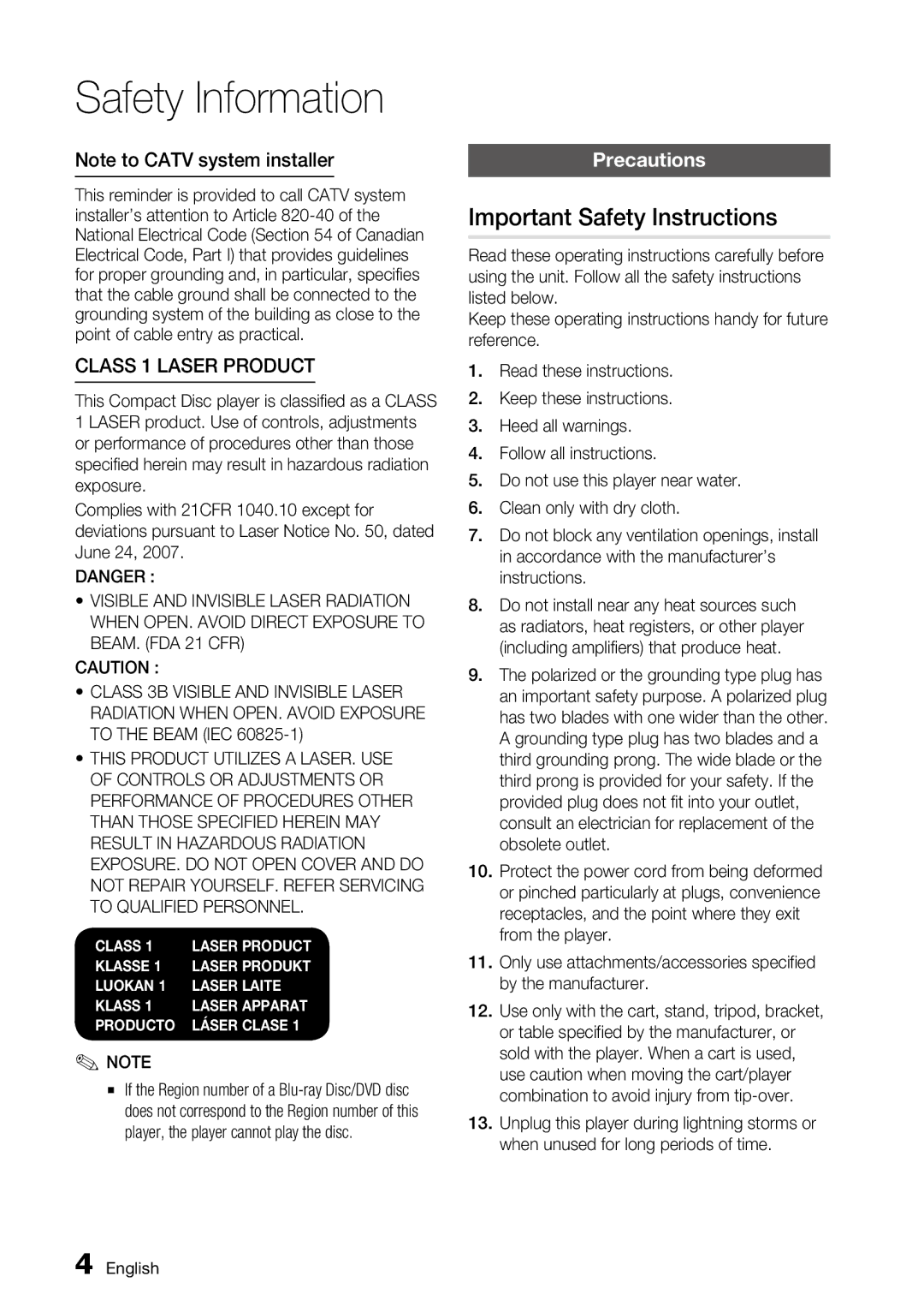 Samsung BD-C6500, AK68-01859A user manual Important Safety Instructions, Class 1 Laser product, Precautions 