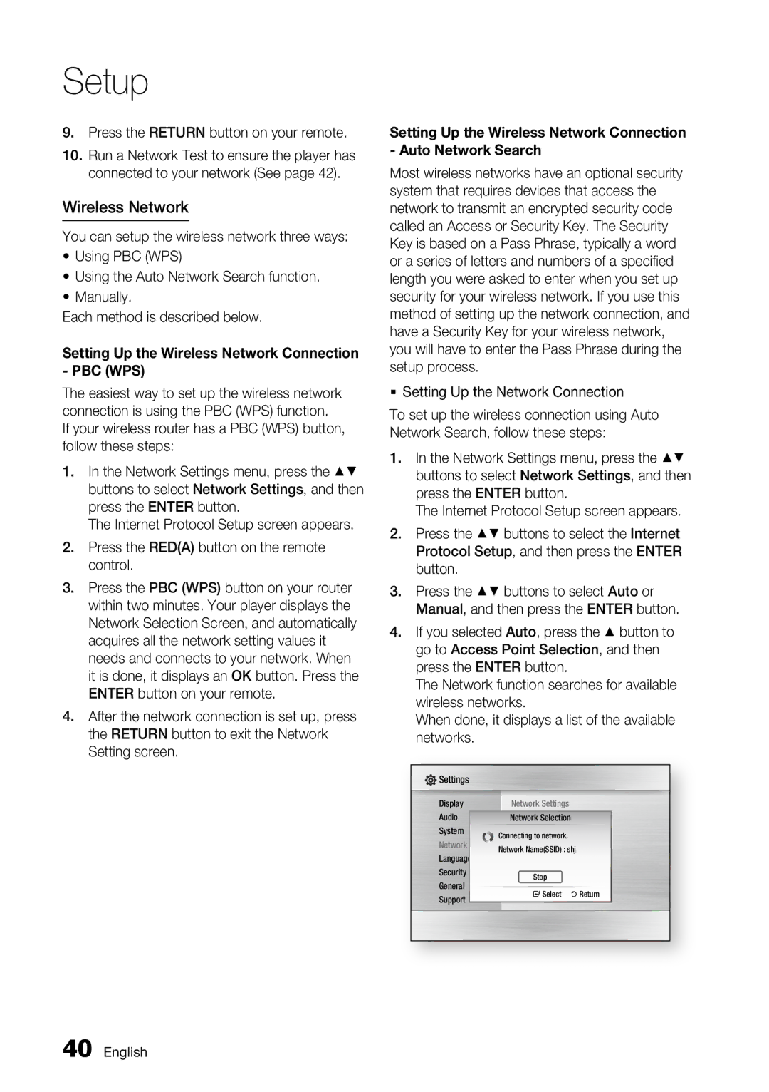 Samsung BD-C6500 user manual Wireless Network, Press the Return button on your remote,  Setting Up the Network Connection 