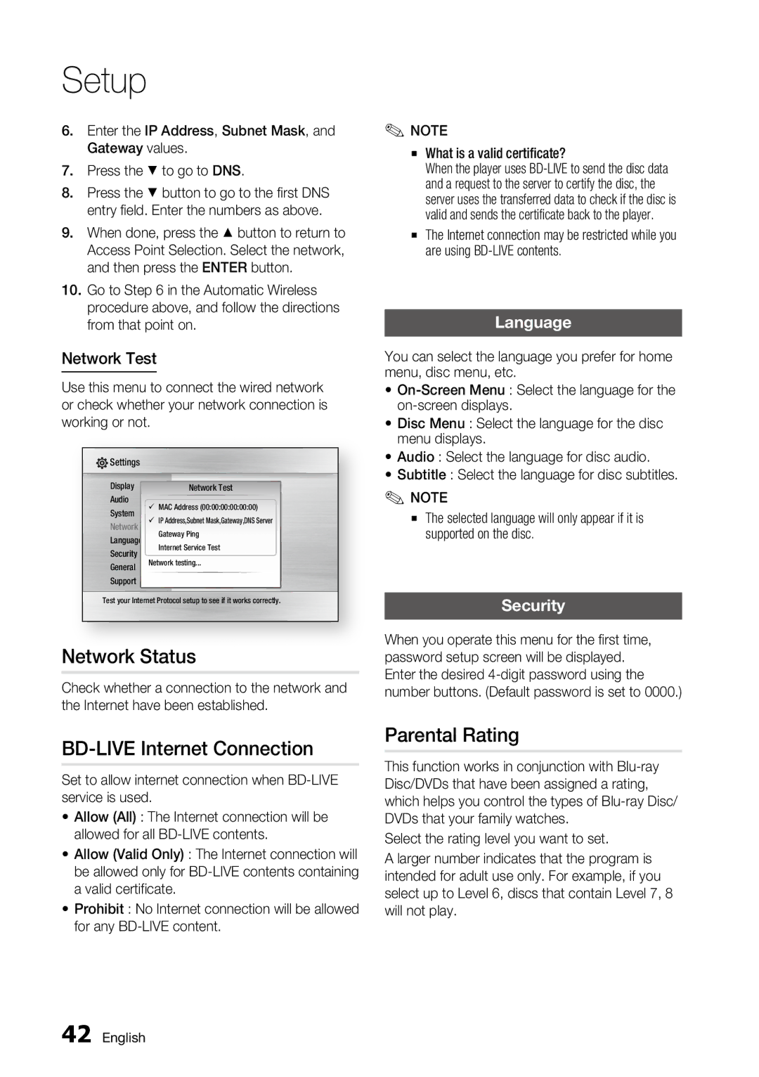 Samsung BD-C6500, AK68-01859A user manual Network Status, BD-LIVE Internet Connection, Parental Rating, Language, Security 