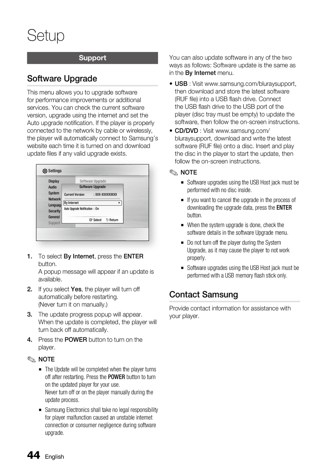 Samsung BD-C6500 Software Upgrade, Contact Samsung, Support, Provide contact information for assistance with your player 