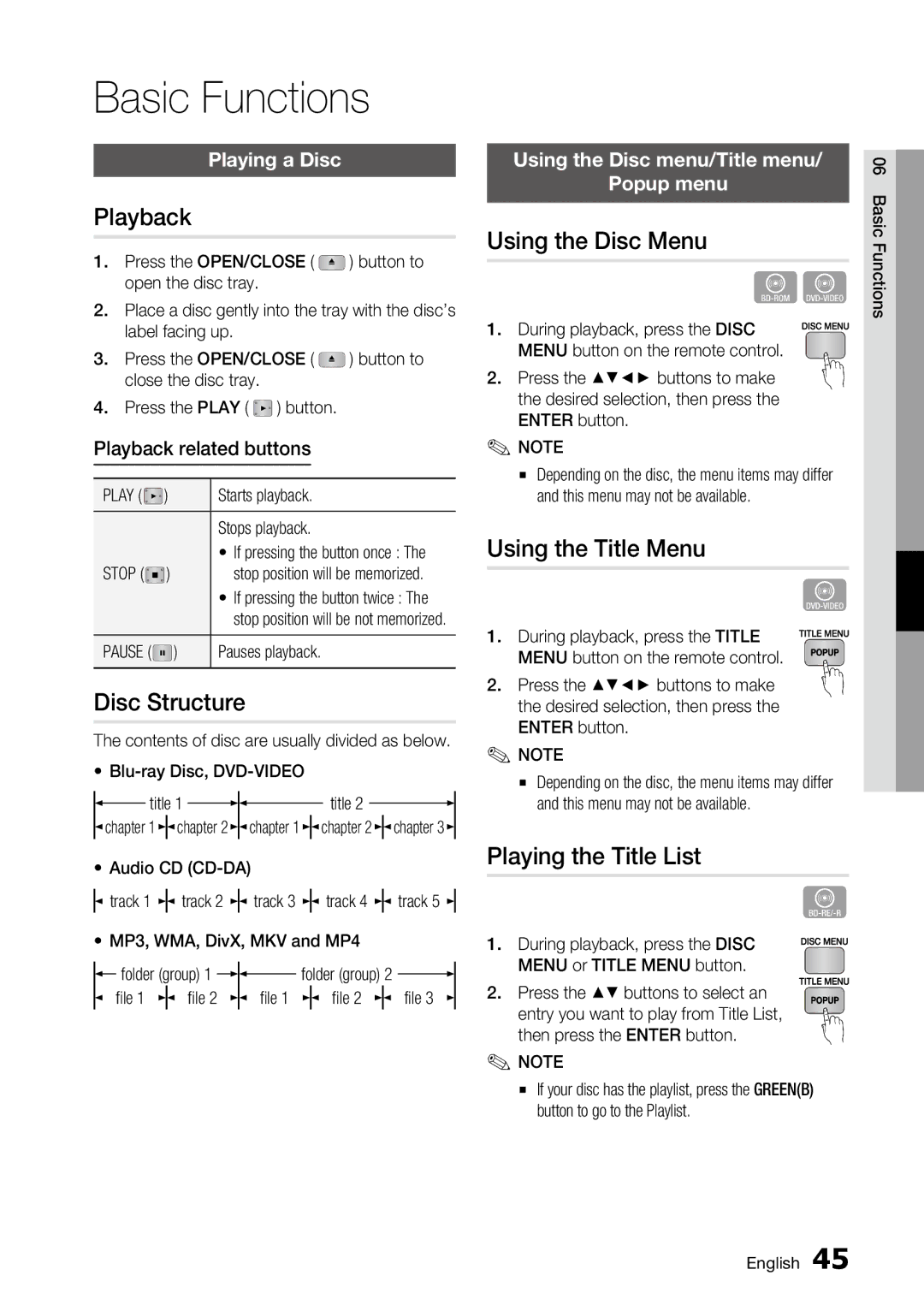 Samsung AK68-01859A, BD-C6500 user manual Basic Functions 