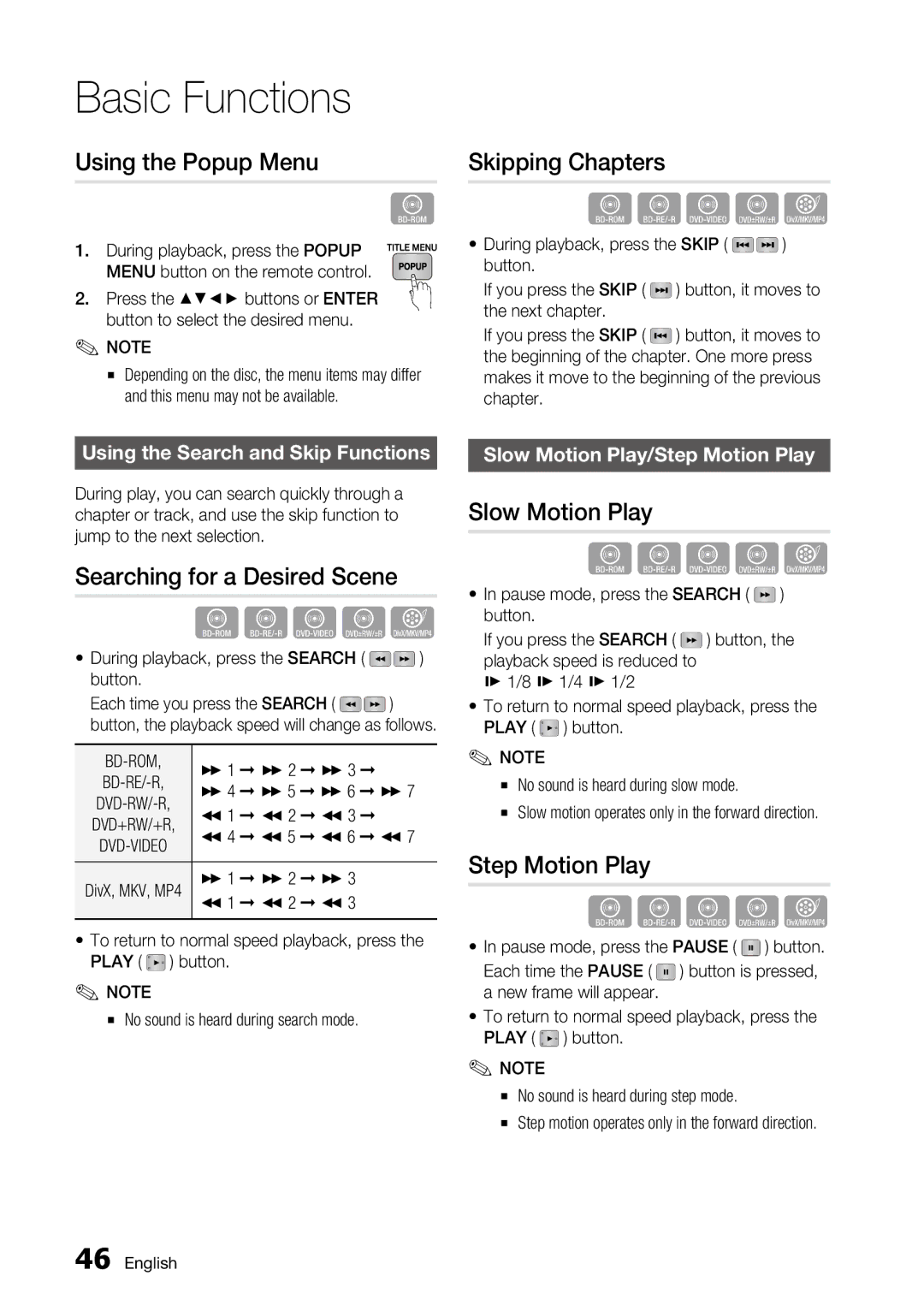 Samsung BD-C6500, AK68-01859A Using the Popup Menu, Searching for a Desired Scene, Skipping Chapters, Slow Motion Play 