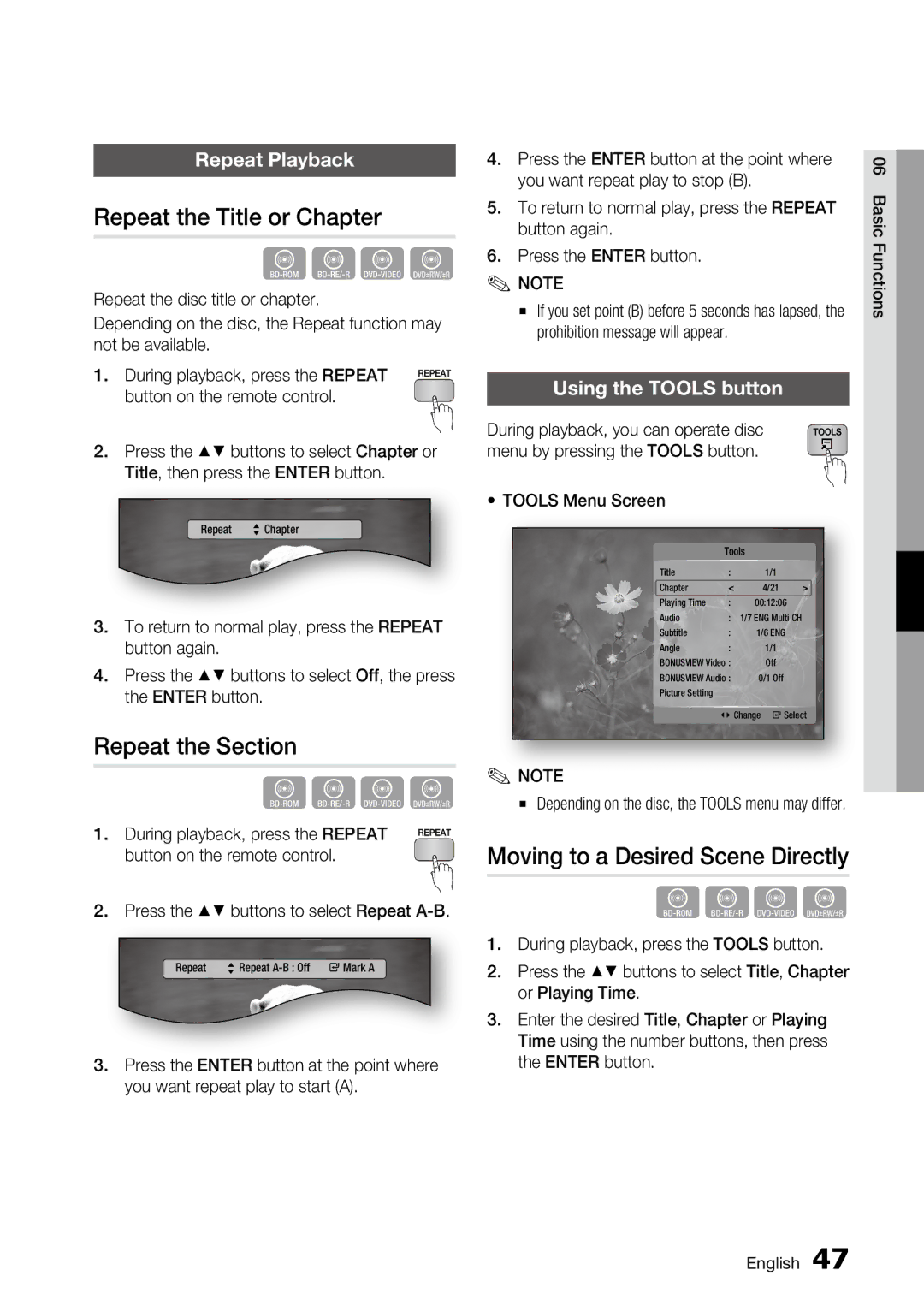 Samsung AK68-01859A Repeat the Title or Chapter, Repeat the Section, Moving to a Desired Scene Directly, Repeat Playback 