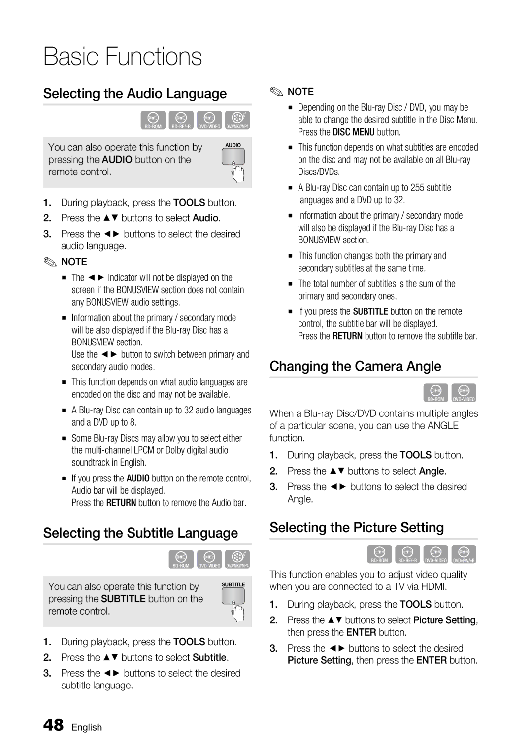 Samsung BD-C6500, AK68-01859A Selecting the Audio Language, Changing the Camera Angle, Selecting the Subtitle Language 