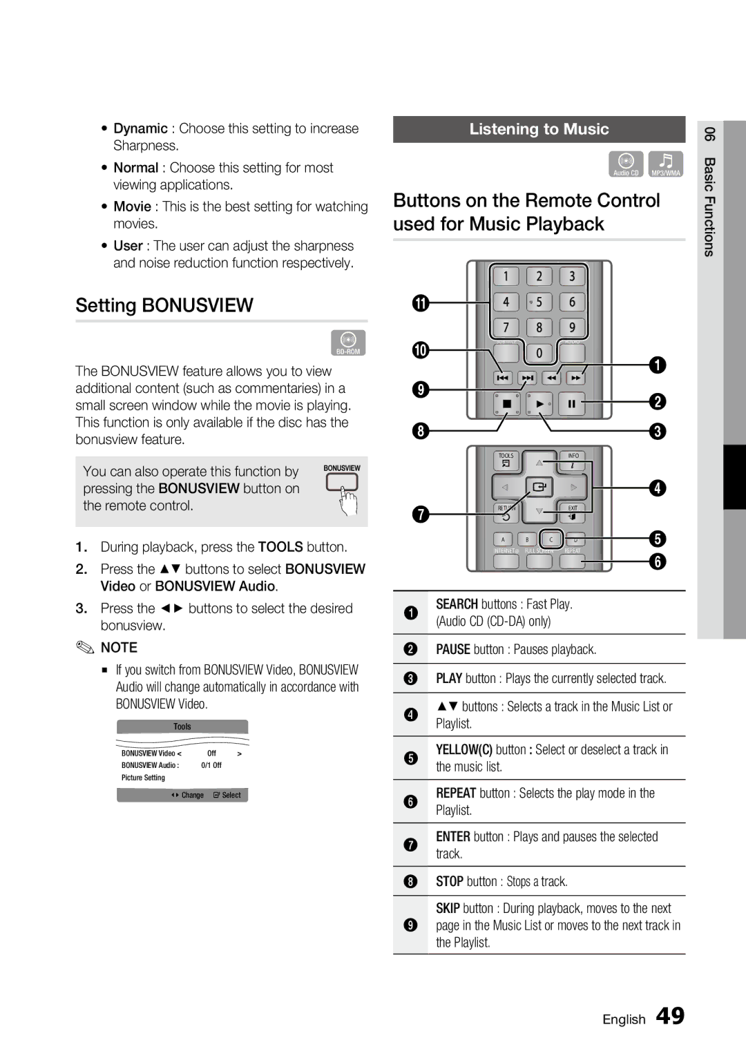 Samsung AK68-01859A, BD-C6500 Setting Bonusview, Buttons on the Remote Control used for Music Playback, Listening to Music 