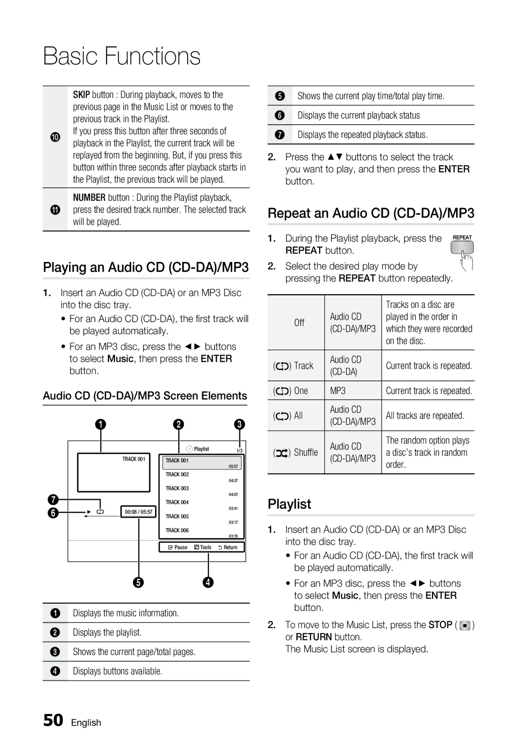 Samsung BD-C6500 Playing an Audio CD CD-DA/MP3, Repeat an Audio CD CD-DA/MP3, Playlist, Audio CD CD-DA/MP3 Screen Elements 