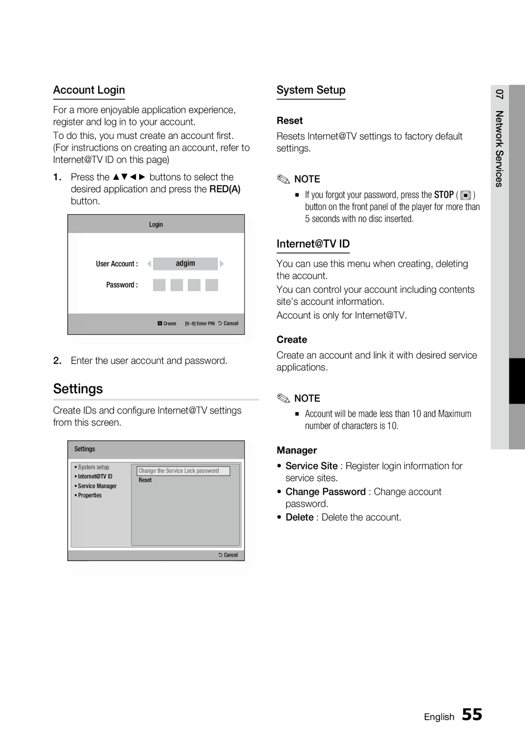 Samsung AK68-01859A, BD-C6500 user manual Settings, Account Login, System Setup, Internet@TV ID 