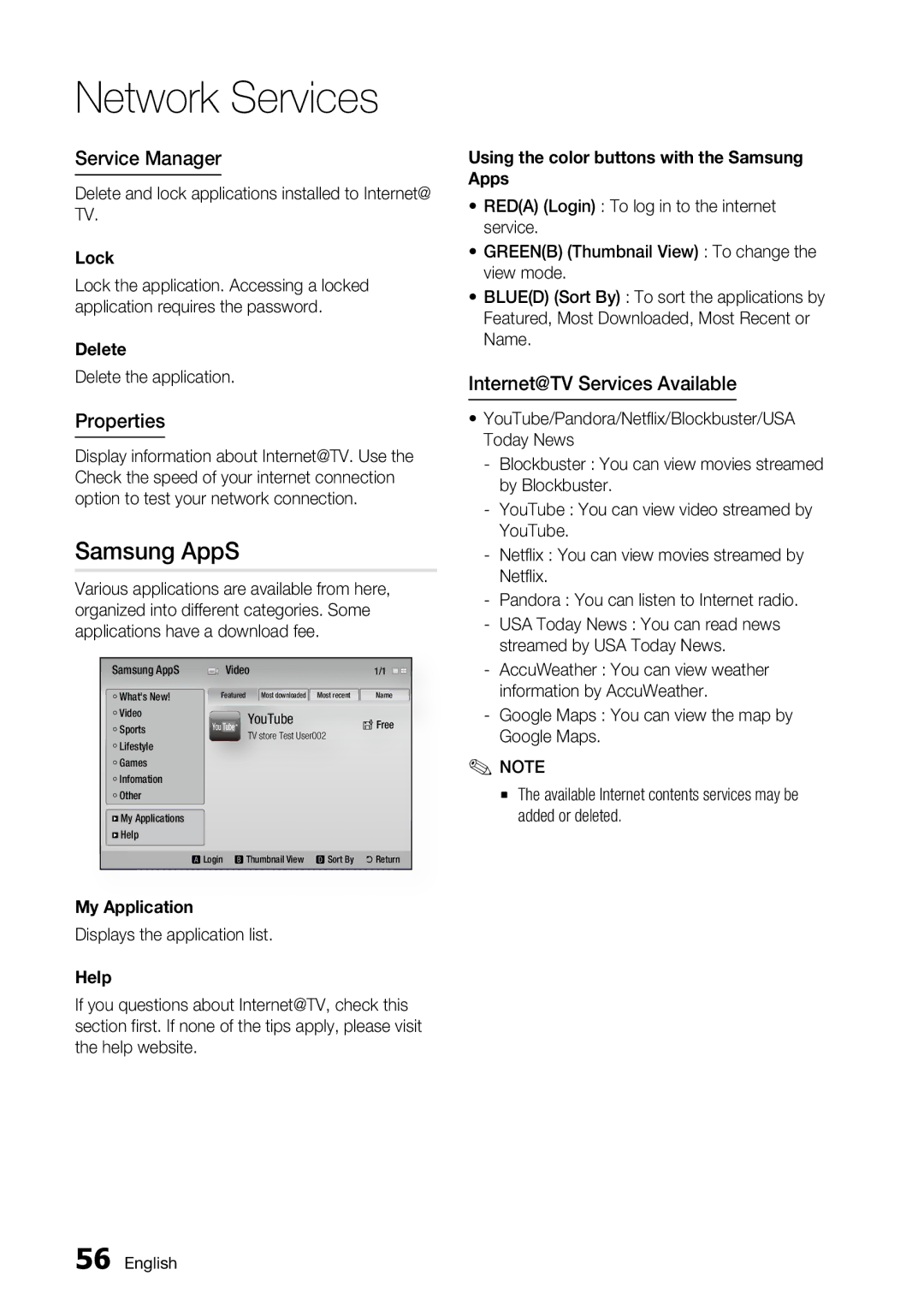 Samsung BD-C6500, AK68-01859A user manual Samsung AppS, Service Manager, Properties, Internet@TV Services Available 