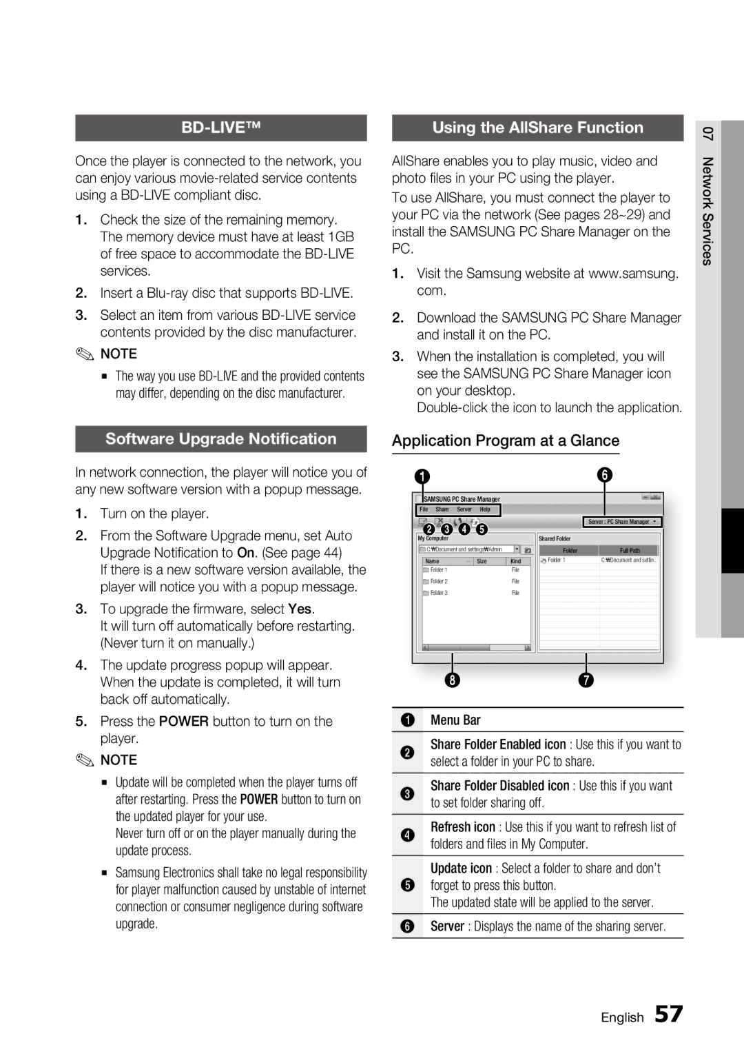 Samsung AK68-01859A, BD-C6500 Software Upgrade Notification, Using the AllShare Function, Application Program at a Glance 