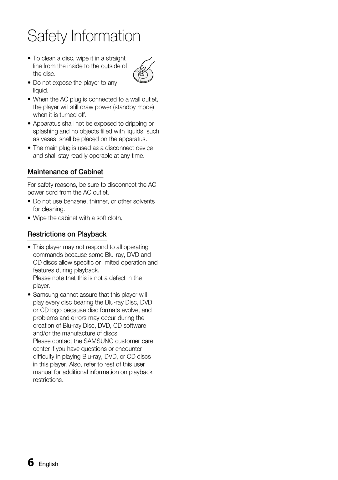 Samsung BD-C6500, AK68-01859A user manual Maintenance of Cabinet, Restrictions on Playback 