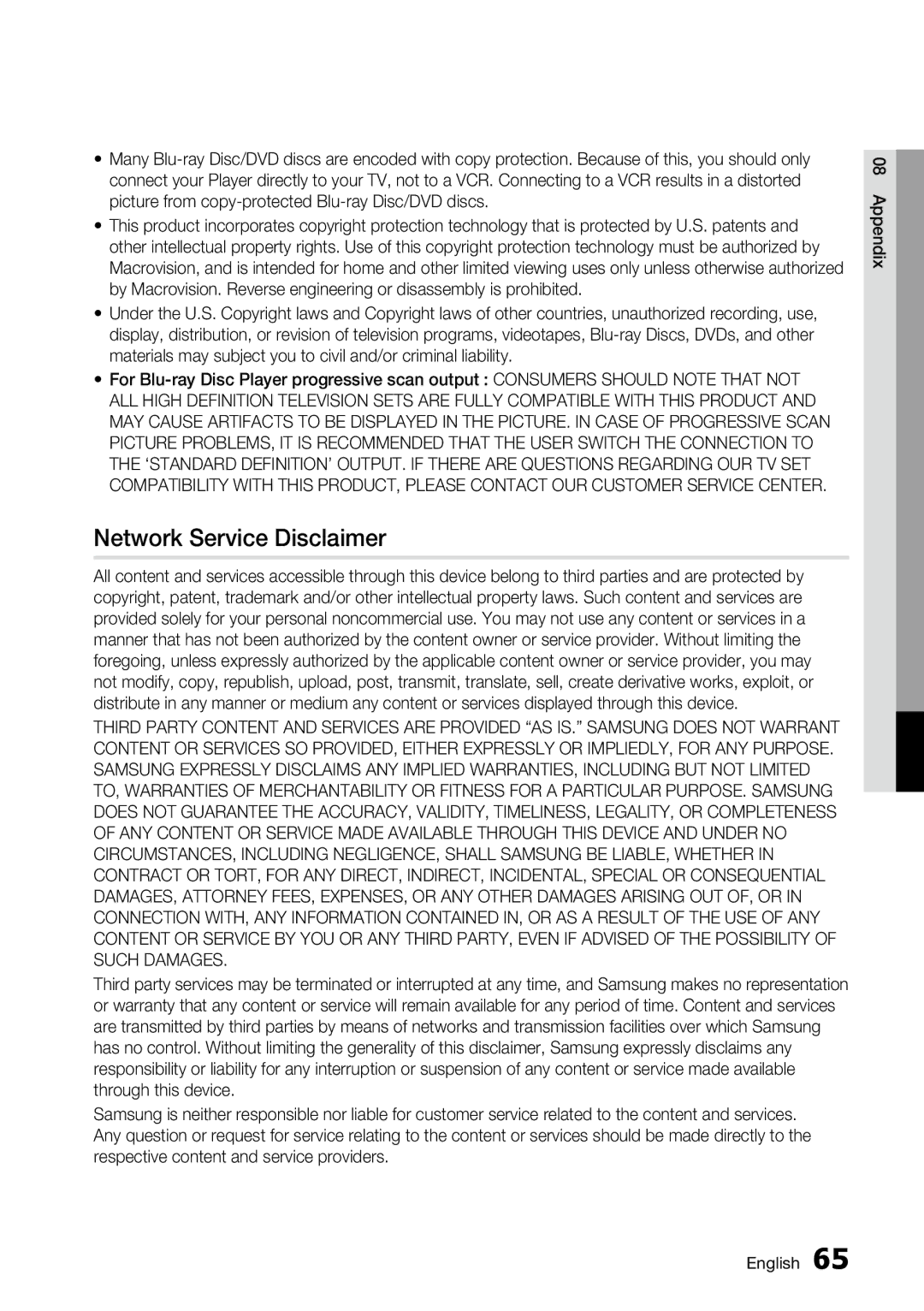 Samsung AK68-01859A, BD-C6500 user manual Network Service Disclaimer 