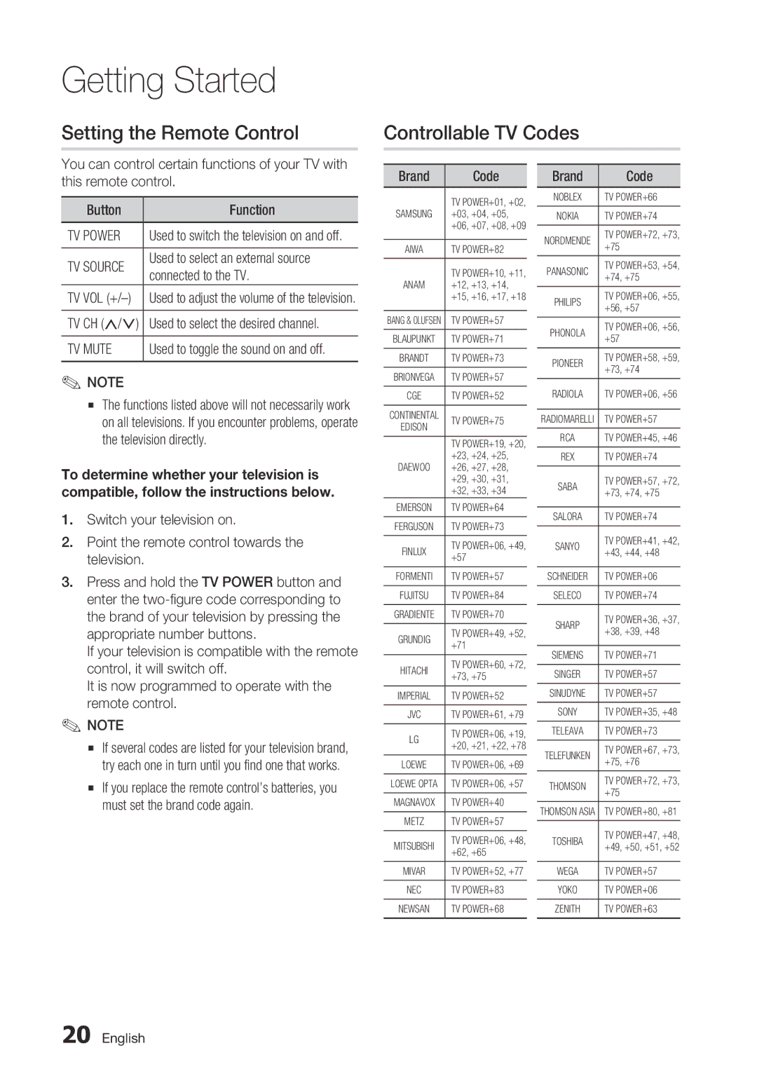 Samsung BD-C6500/EDC, BD-C6500/XAA manual Setting the Remote Control, Controllable Tv Codes, Connected to the TV, Tv Ch 