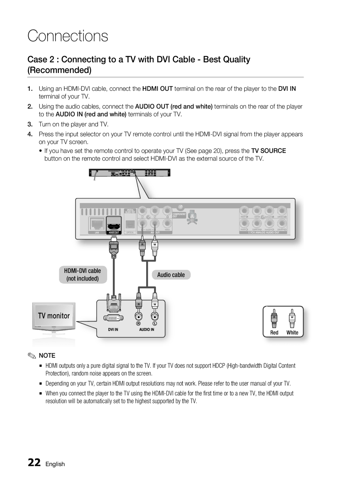 Samsung BD-C6500/XEF, BD-C6500/EDC, BD-C6500/XAA, BD-C6500/XEE manual TV monitor, HDMI-DVI cable Not included Audio cable 