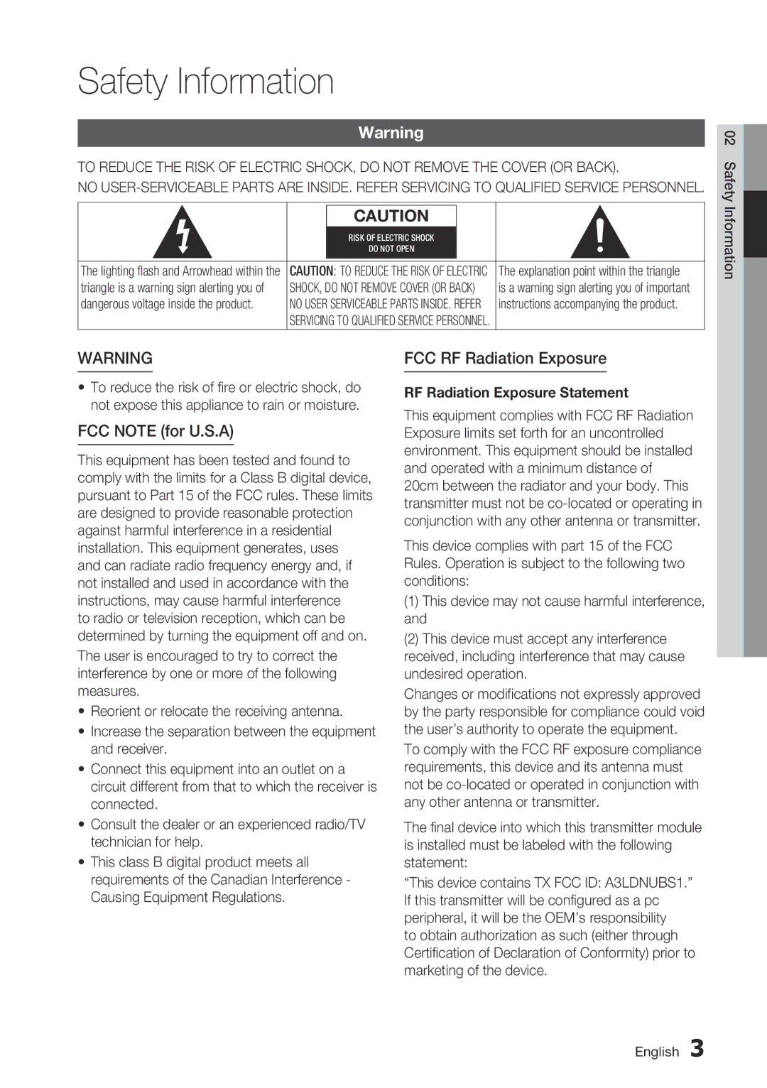 Samsung BD-C6500/XEE, BD-C6500/EDC, BD-C6500/XAA manual Safety Information, FCC Note for U.S.A, FCC RF Radiation Exposure 