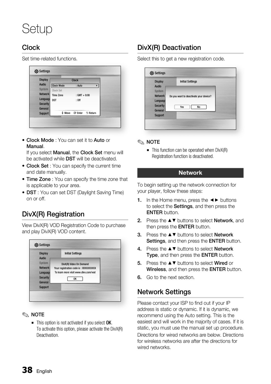 Samsung BD-C6500/XEF, BD-C6500/EDC, BD-C6500/XAA manual Clock, DivXR Registration, DivXR Deactivation, Network Settings 