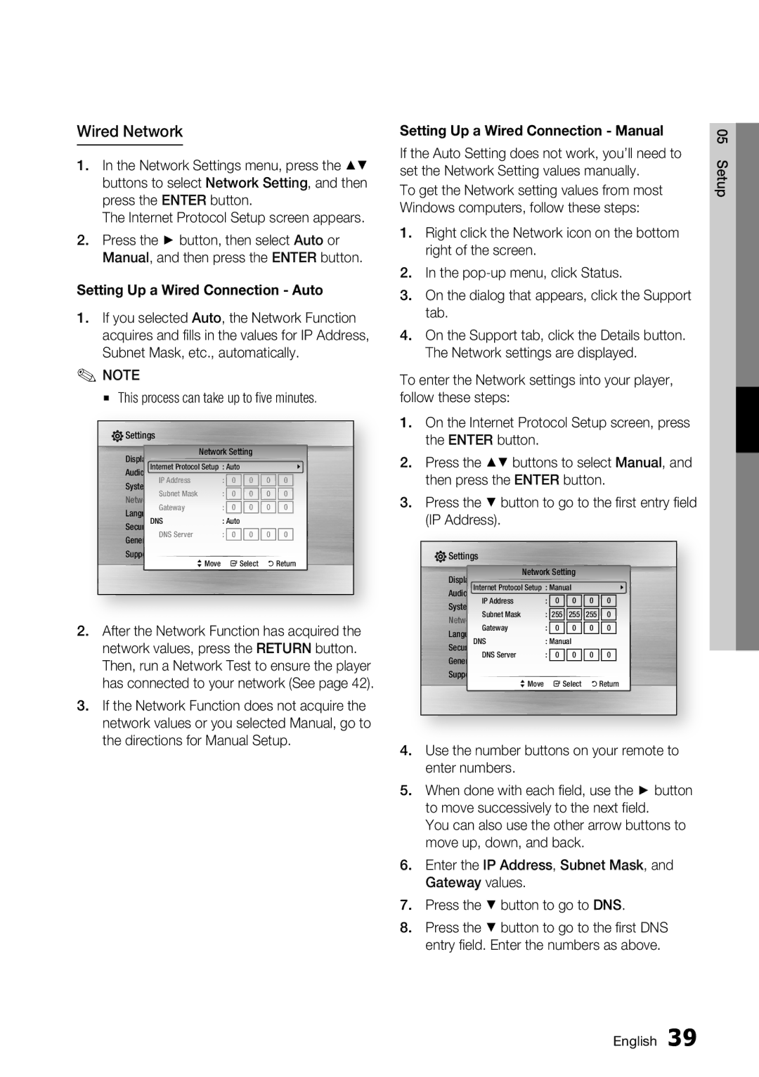 Samsung BD-C6500/XEE, BD-C6500/EDC, BD-C6500/XAA, BD-C6500/XEF manual Wired Network, This process can take up to five minutes 