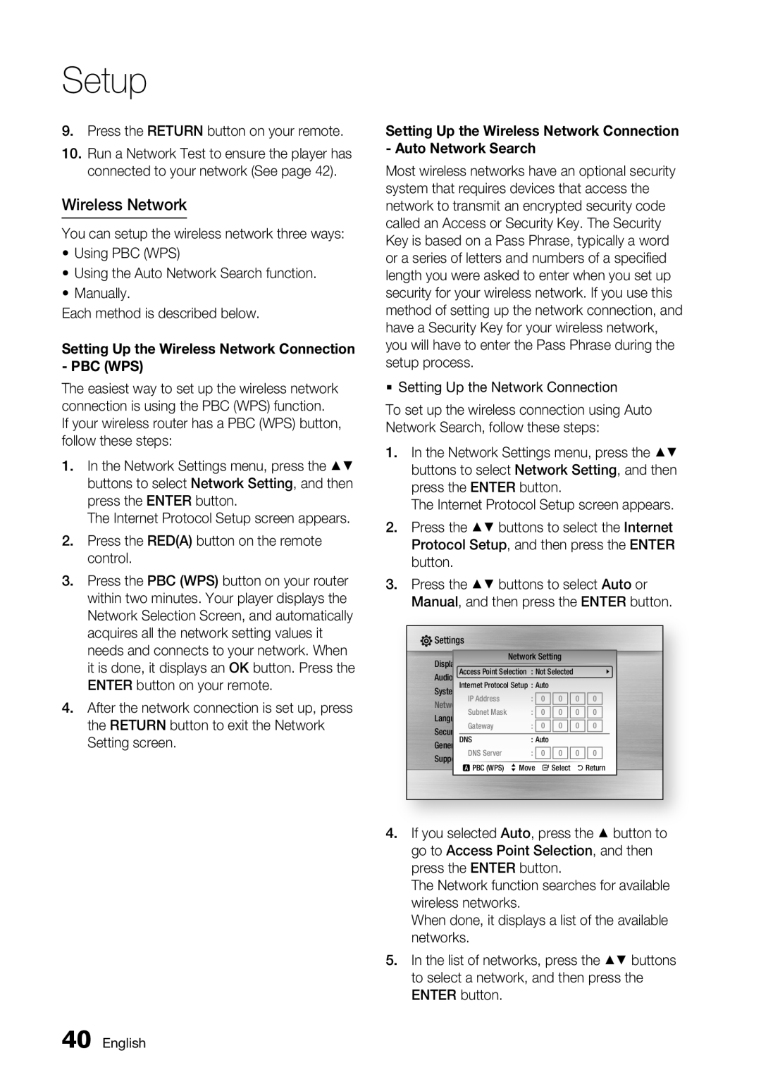 Samsung BD-C6500/EDC manual Wireless Network, Press the Return button on your remote,  Setting Up the Network Connection 