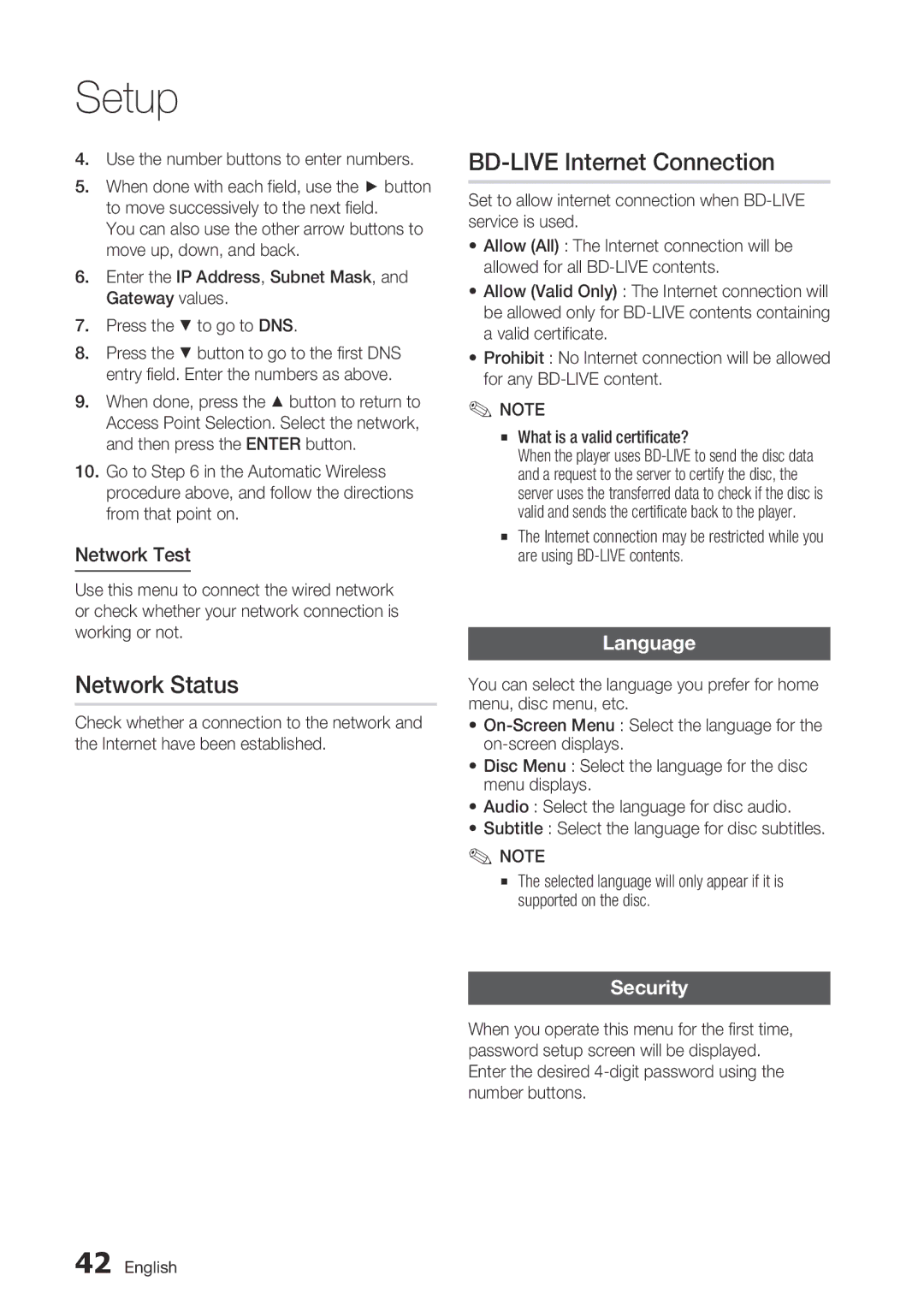 Samsung BD-C6500/XEF, BD-C6500/EDC manual Network Status, BD-LIVE Internet Connection, Network Test, Language, Security 