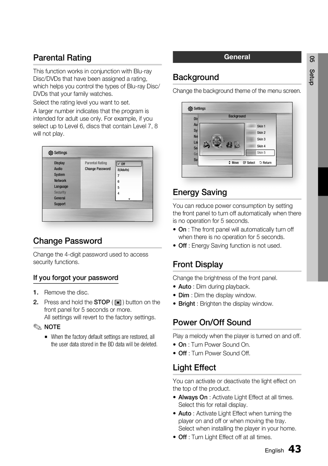 Samsung BD-C6500/XEE manual Parental Rating, Change Password, Background, Energy Saving, Front Display, Power On/Off Sound 