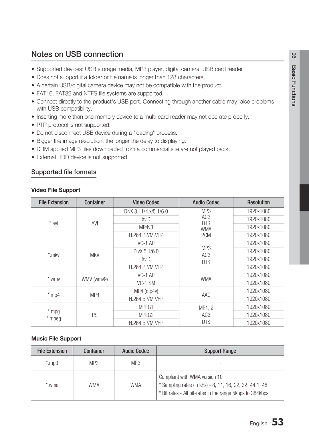 Samsung BD-C6500/XAA, BD-C6500/EDC, BD-C6500/XEF, BD-C6500/XEE Supported file formats, 1920x1080, Compliant with WMA version 