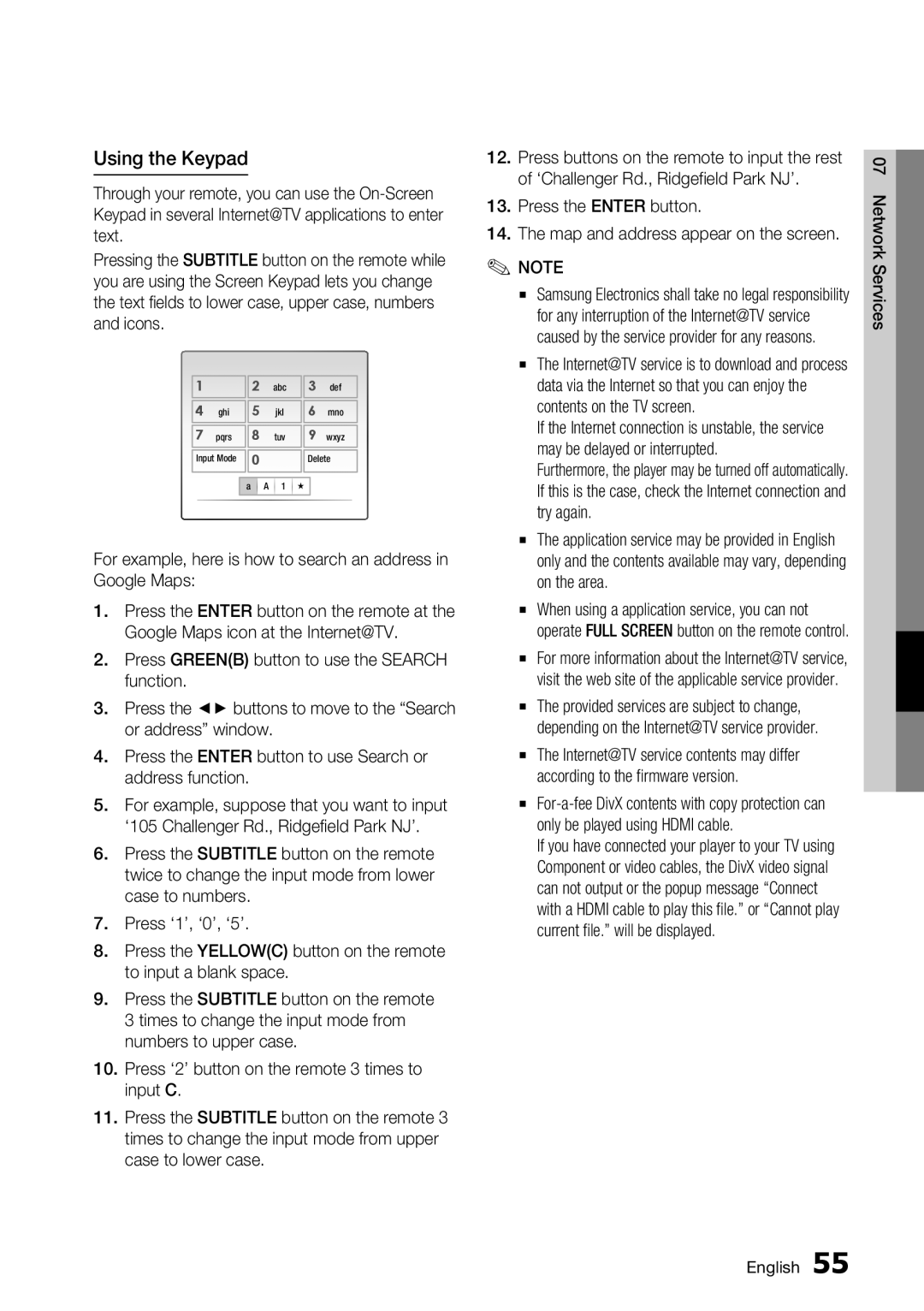 Samsung BD-C6500/XEE, BD-C6500/EDC manual Using the Keypad, Press the Enter button Map and address appear on the screen 