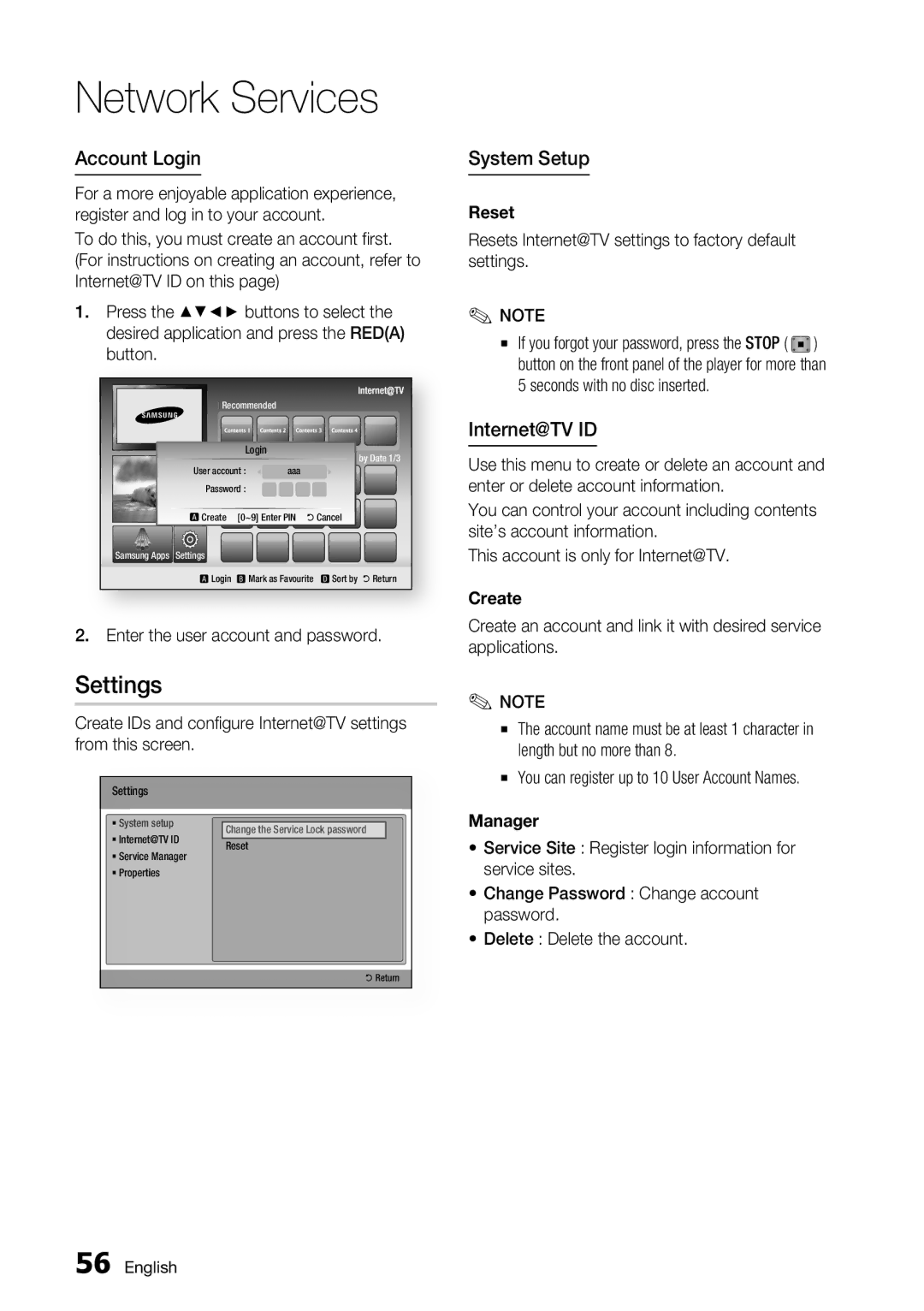 Samsung BD-C6500/EDC, BD-C6500/XAA, BD-C6500/XEF Network Services, Settings, Account Login, System Setup, Internet@TV ID 